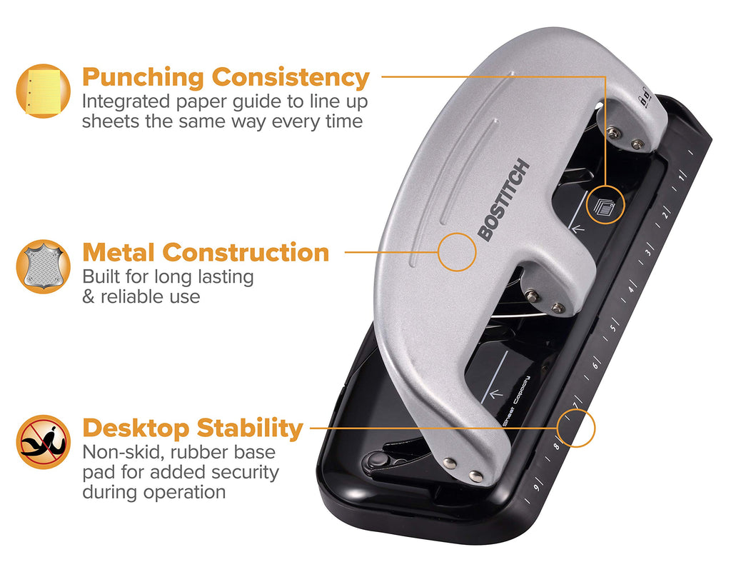 Bostitch Office EZ Squeeze 3-Hole Punch, 20 Sheet Capacity, Reduced Effort, No Jam Technology, Silver