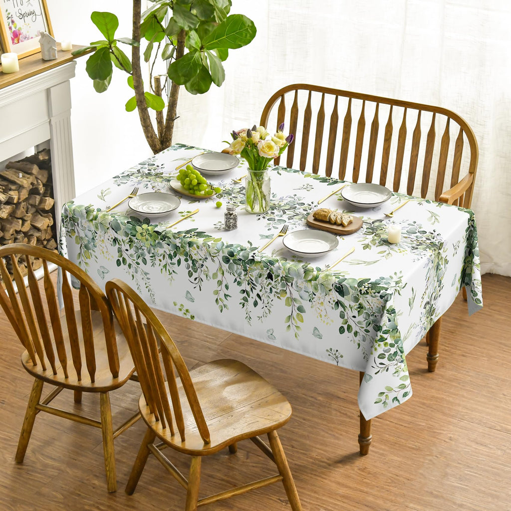 Horaldaily Spring Tablecloth 60×84 Inch Rectangular, Green Eucalyptus Washable Seasonal Table Cover for Party Picnic Dinner Decor