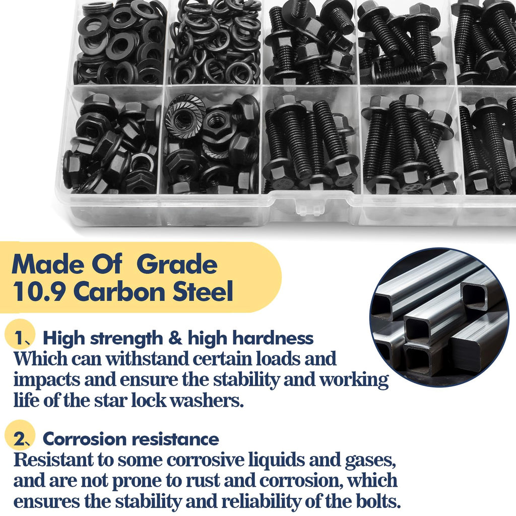 Vifmy M6-1.0 x 12/16/20/25/30mm Flange Hex Head Bolts Assortment Kit (240 Pack) with Serrated Flange Nuts,Washers & Lock Spring Washers,Hex Head Screw,Alloy Steel Black Oxide Finish Plated Full Thread