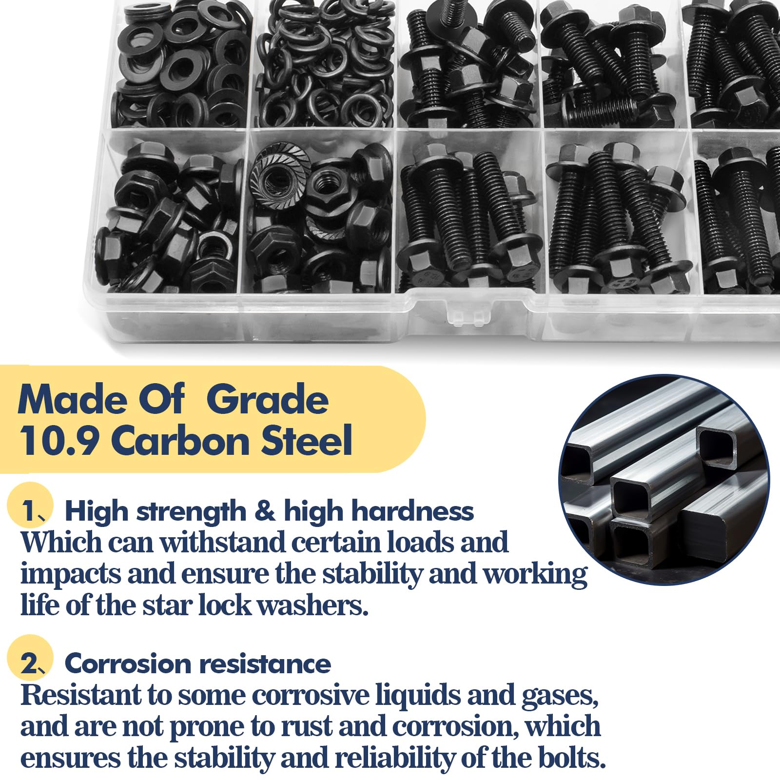 Vifmy M6-1.0 x 12/16/20/25/30mm Flange Hex Head Bolts Assortment Kit (240 Pack) with Serrated Flange Nuts,Washers & Lock Spring Washers,Hex Head Screw,Alloy Steel Black Oxide Finish Plated Full Thread