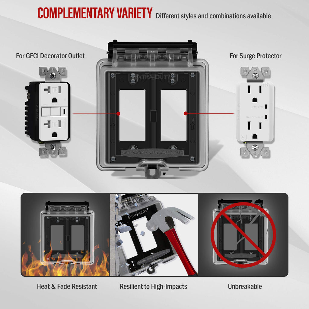 ENERLITES 2-Gang Weatherproof Outdoor Outlet Cover Extra-Duty in-Use Outlet Cover, Outdoor Decorator/GFCI Receptacle Outlets, 6.1” H x 5.2” W x 2.5” D, IUC2V-D, Clear