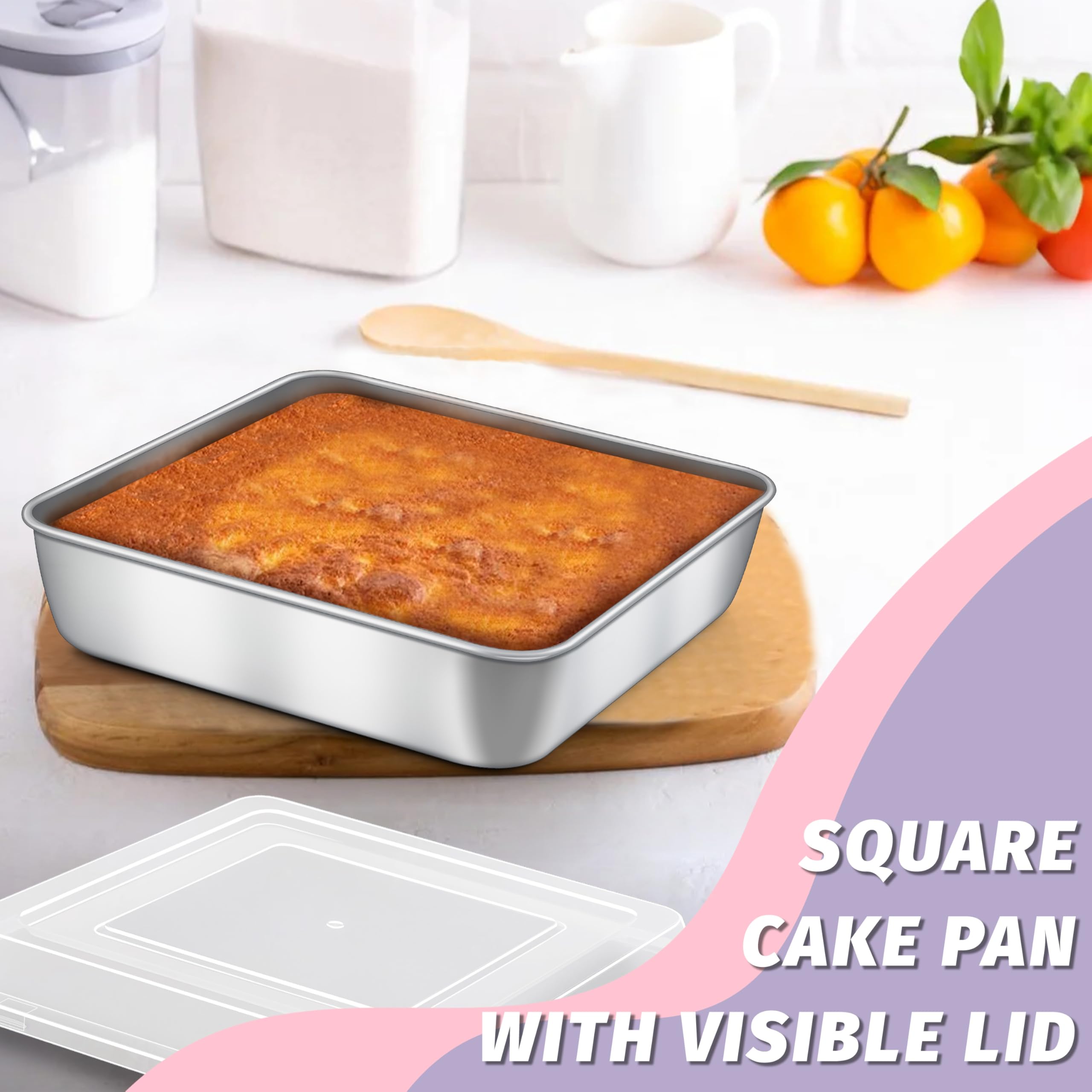 8 x 8 Inch Square Cake Pan with Lid, HaSteeL Baking Sheet with Plastic Cover, Stainless Steel Bakeware Brownie Tin Lasagna Pan, Healthy & Non-Toxic, Matte Finish & Dishwasher Safe, 1 Pan + 1 Lid