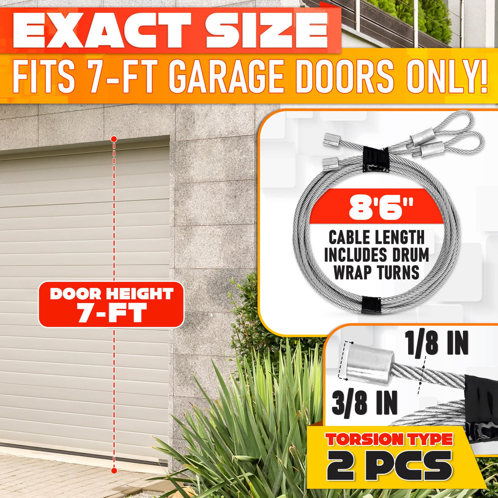 Garage Door Cables for 7 ft Door – 8 ft 6 inch Long, Heavy-Duty 304 Steel Galvanized Cables (Pack of 2) | Corrosion-Resistant, Rust-Proof Wire, Durable, Smooth Operation, Easy Installation, Reliable