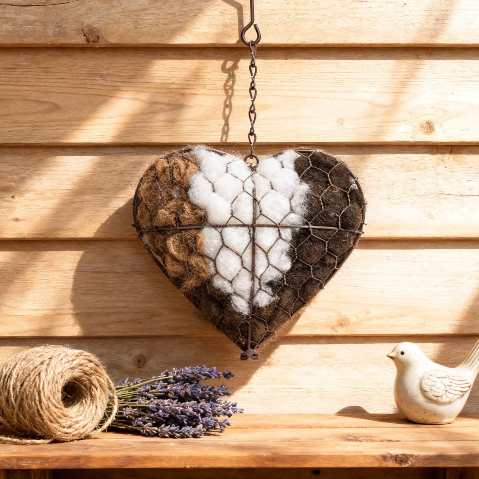 Handmade Alpaca Fiber Bird Nesting Heart-Refillable Outdoor Yard Art & Natural Nesting Material Holder for Wild Birds,Hummingbirds - Garden Decor Gift for Bird Lovers