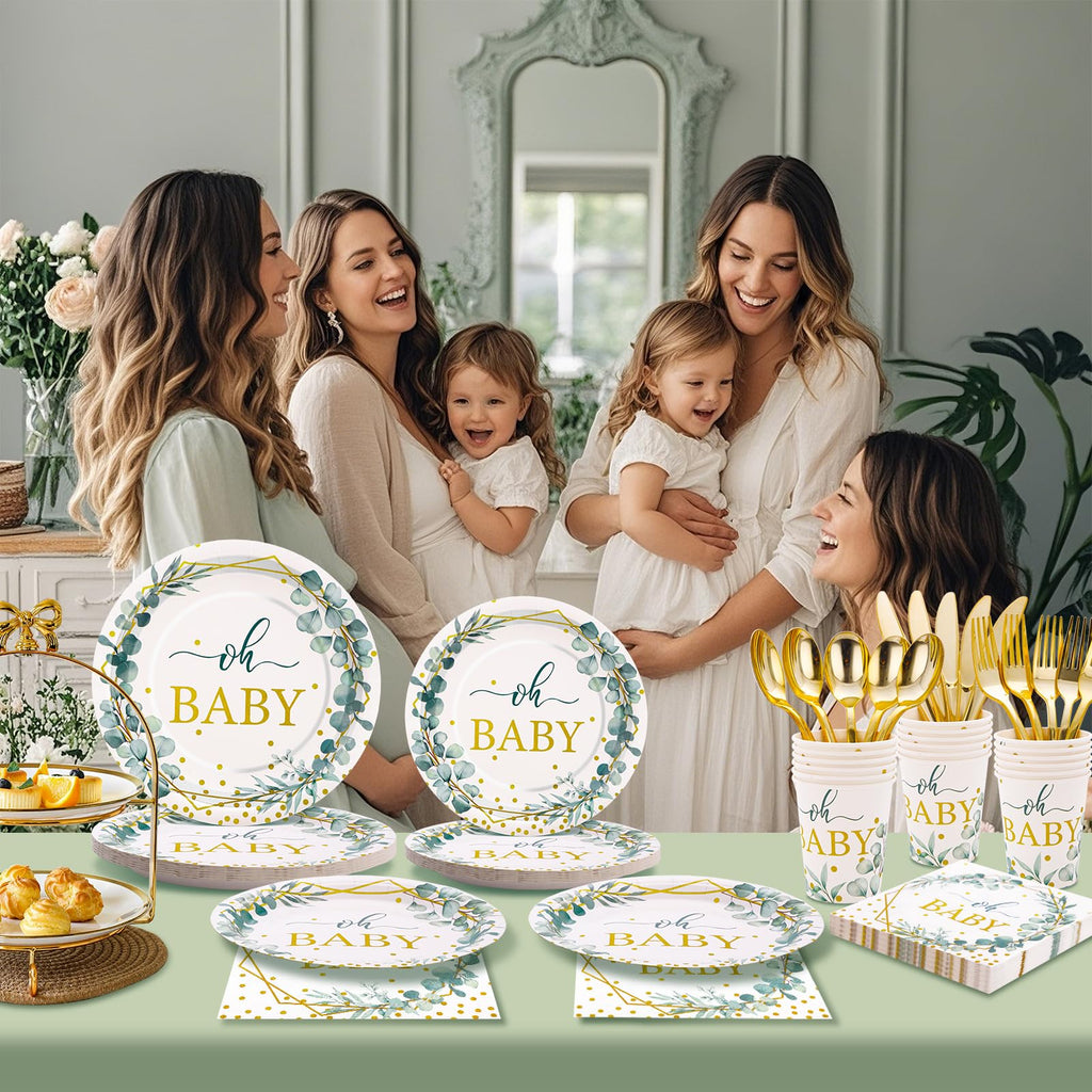 Gudvilla 168 PCS Sage Green Baby Shower Decorations Neutral, Baby Shower Plates and Cups and Napkins Sets Serves 24, Oh Baby Plates for Boy, Gender Reveal, Green and Gold Plant Eucalyptus Boho