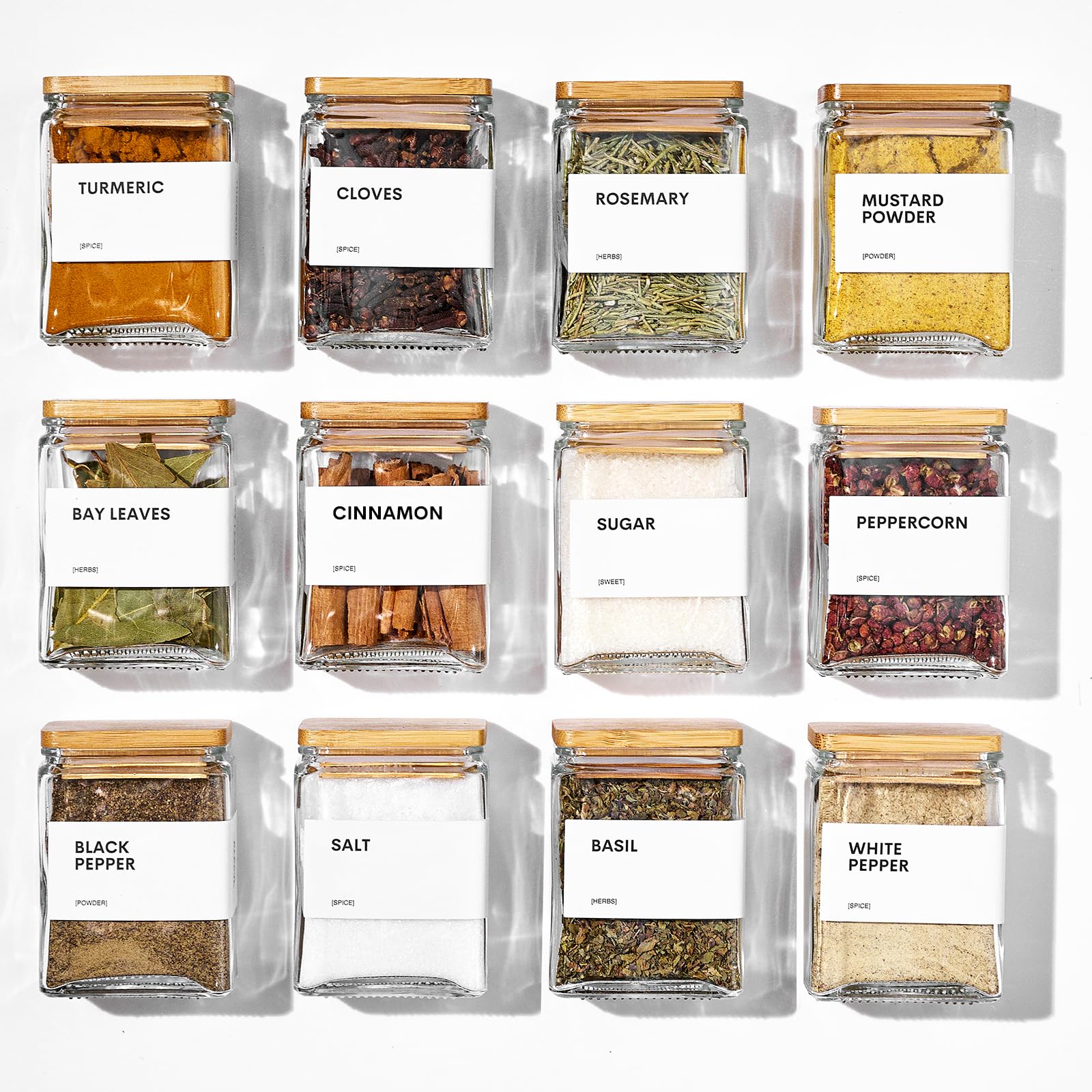 Glass Spice Jars with Bamboo Lid, 4oz Square Spice Containers for Pantry Organization, Seasoning Bottles with Labels, Spoons, Funnel for Salt Sugar