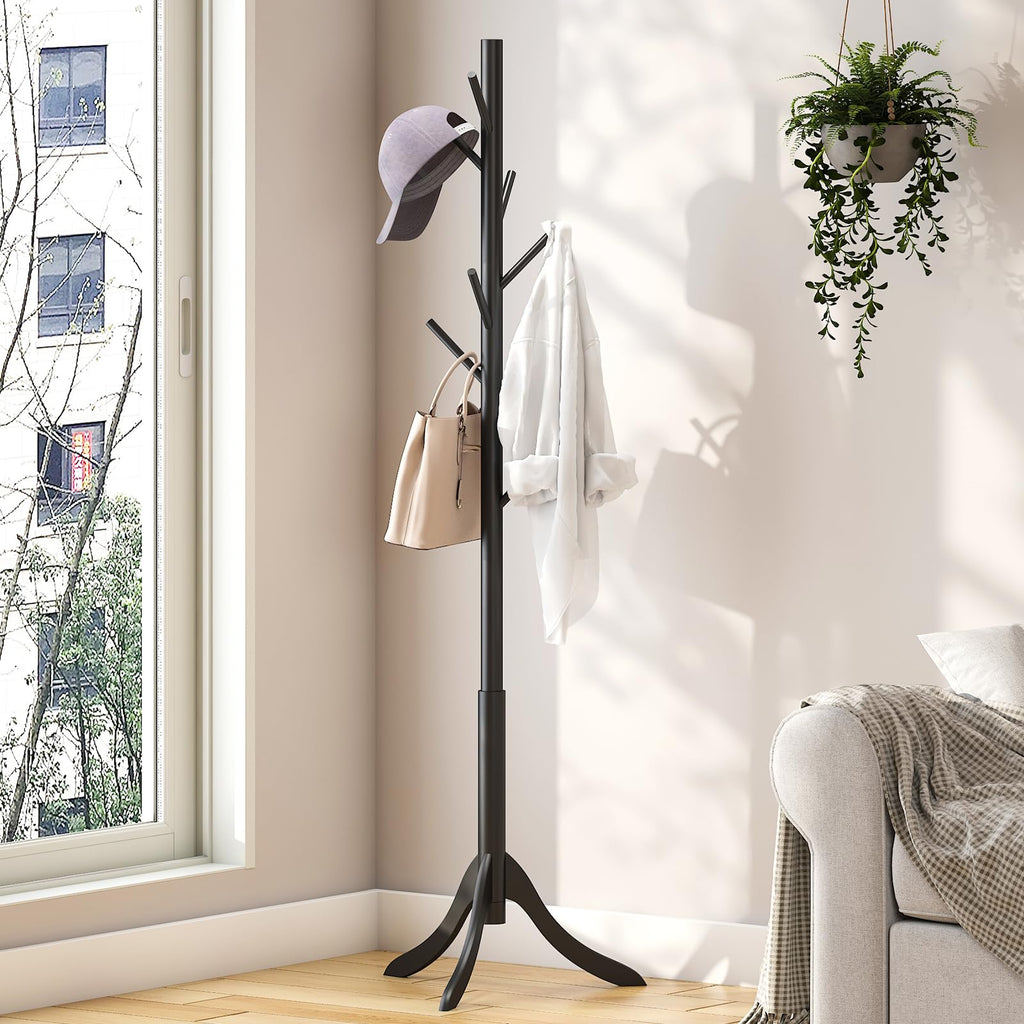 Black Coat Rack Stand, Bamboo Wood Coat Tree with 8 Hooks, Hallway Entryway Hat Hanger Organizer Standing for Bedroom, Office, Clothes, Jackets, Bags, Umbrellas