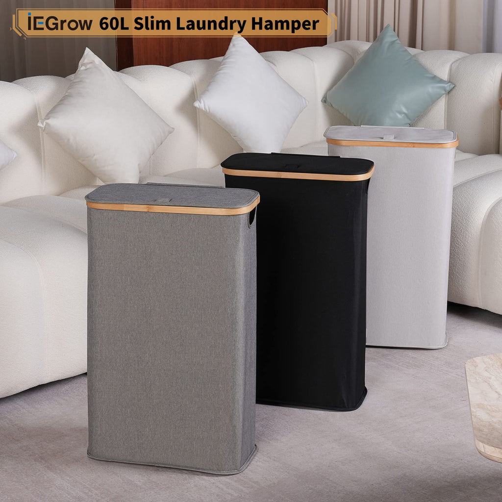 iEGrow 60L Slim Laundry Hamper with Lid Hampers for Laundry,Narrow Laundry Basket with Removable Inner Bag & Bamboo Handles Tall Thin Clothes Hamper for Clothes Toys Towels Organization（Black）