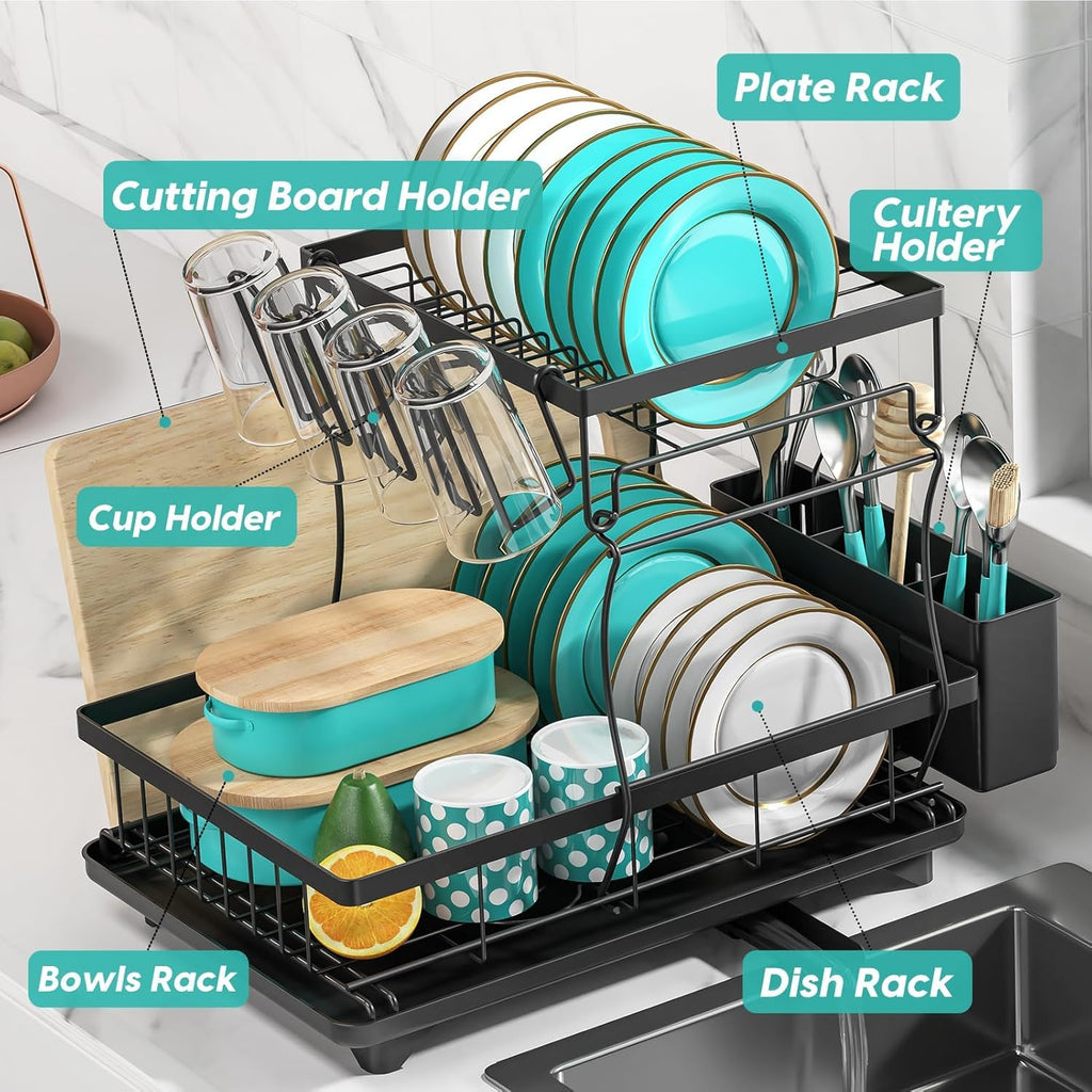 MERRYBOX Dish Drying Rack - Dish Racks with Drainboard for Kitchen Counter, Compact Stainless Steel Dish Drainer with Widened Leak-Proof Spout, Large 3-Compartment Utensil Holder, Easy Installation
