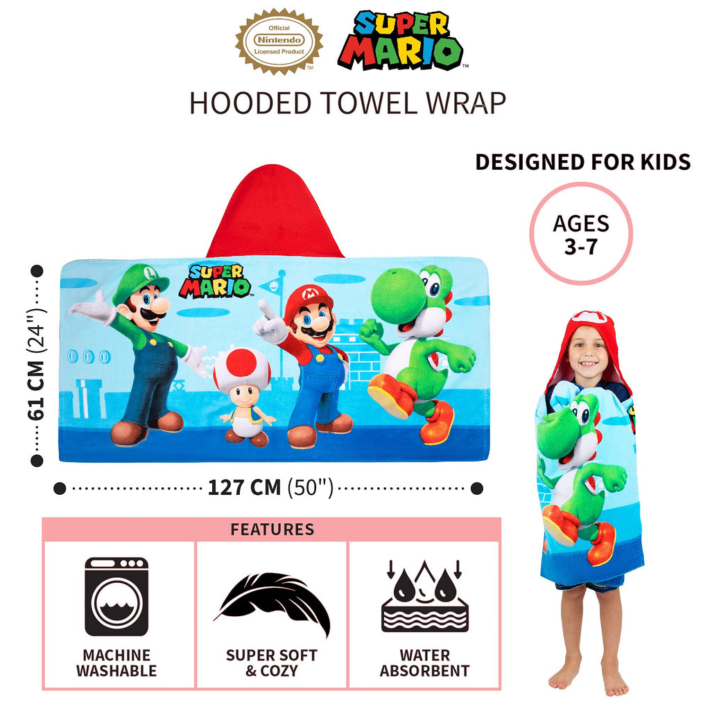 Franco Kids Bath and Beach Super Soft Cotton Hooded Towel Wrap, 24 in x 50 in, Super Mario