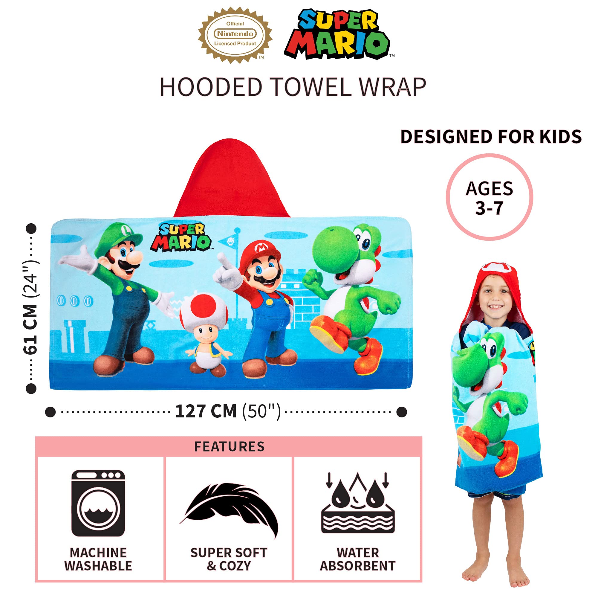 Franco Kids Bath and Beach Super Soft Cotton Hooded Towel Wrap, 24 in x 50 in, Super Mario