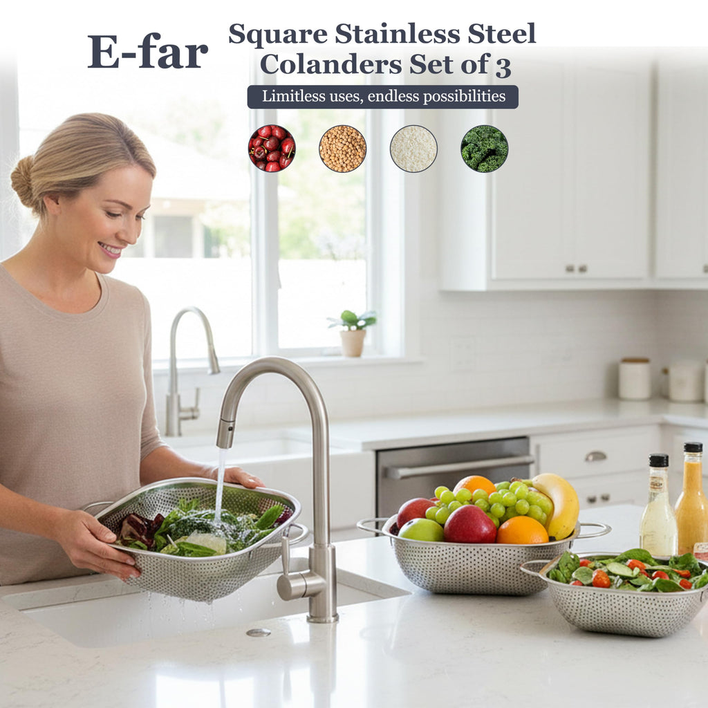 E-far 3 Pack Colander for Kitchen, Square Stainless Steel Metal Strainer Colander with Handle for Draining Food Pasta Vegetable, Micro-Perforated & Elevated Feet, Dishwasher Safe(2.4/4/6QT)