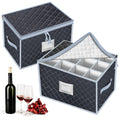 VERONLY Wine Glass Storage Box with Dividers Holds 24 Stemware Storage Cases or China Crystal Glassware Containers with Handles and Lable Window (15.5" x 12.5"x10")-Set of 2 Grey