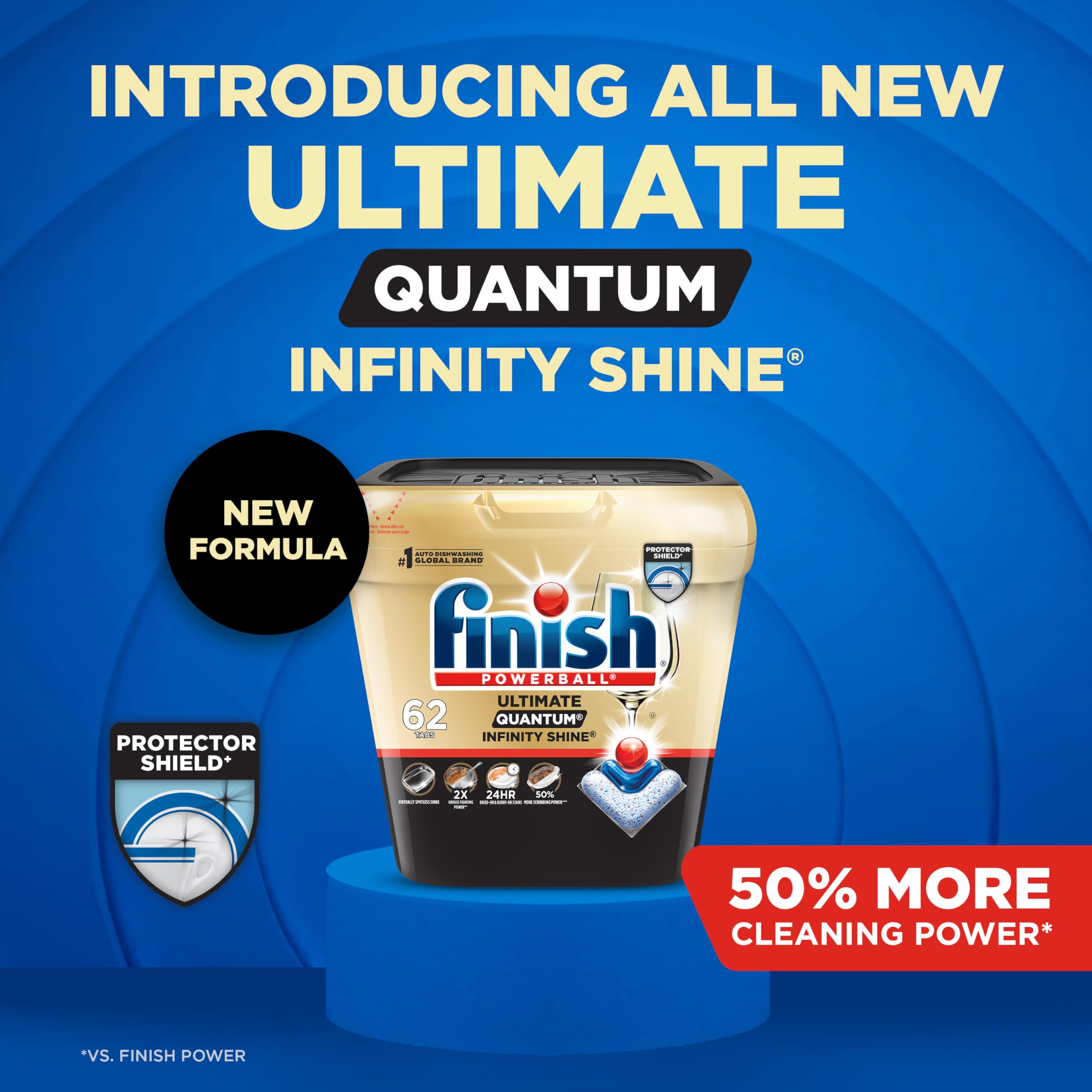 Finish Ultimate Infinity Shine Dishwasher Detergent Pods, 3 Chamber Formula with PowerBall, 5X Grease Fighting, Burnt & Dried-On Stains, Ultimate Clean & Virtually Diamond Shine, No Pre-Rinse, 62 Tabs