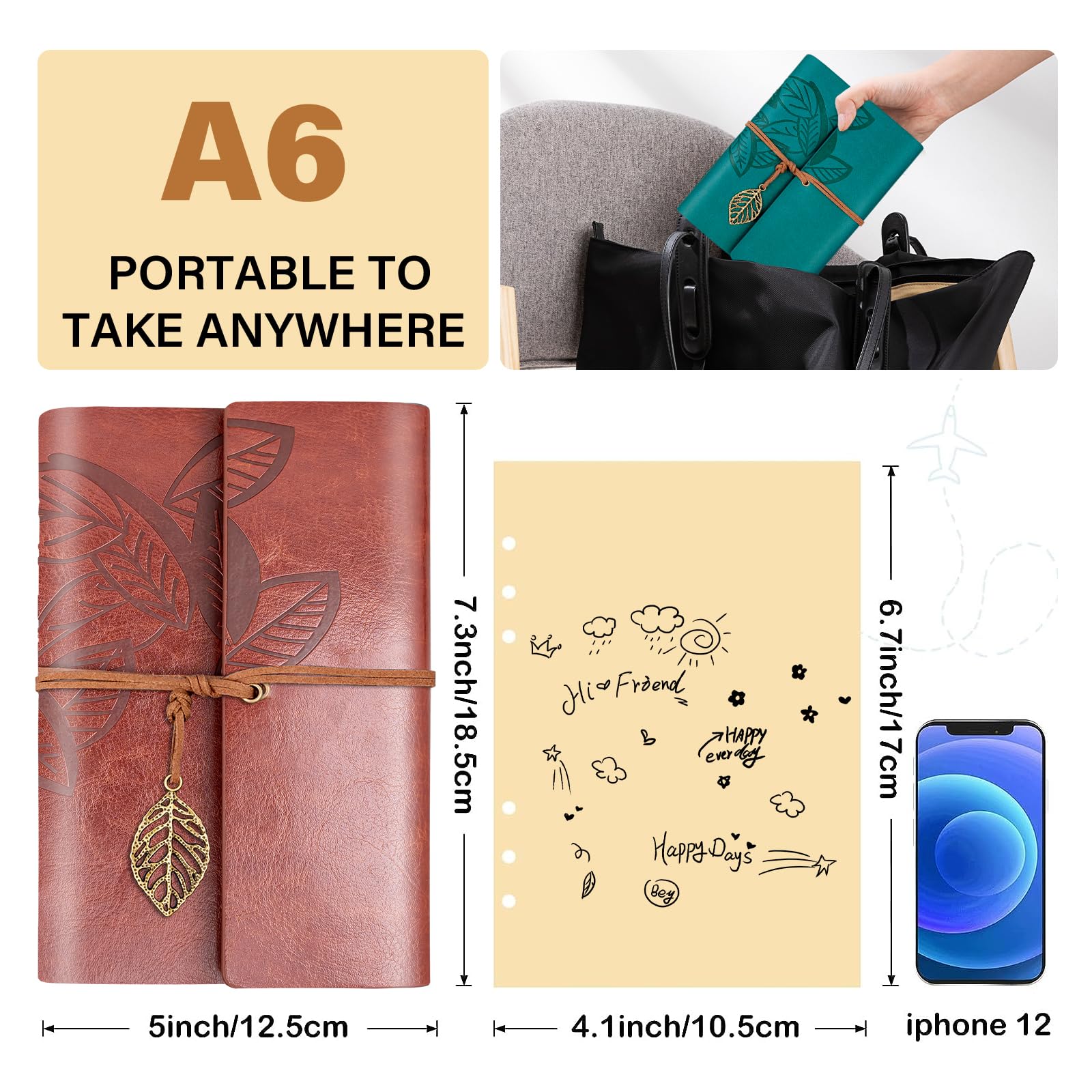 5 Pcs Leather Journal Notebook, A6 Refillable Travel Vintage Writing Journals Diary, Gifts for Women Teen Girls and Boys, 100GSM Blank Paper, 5 x 7 inches