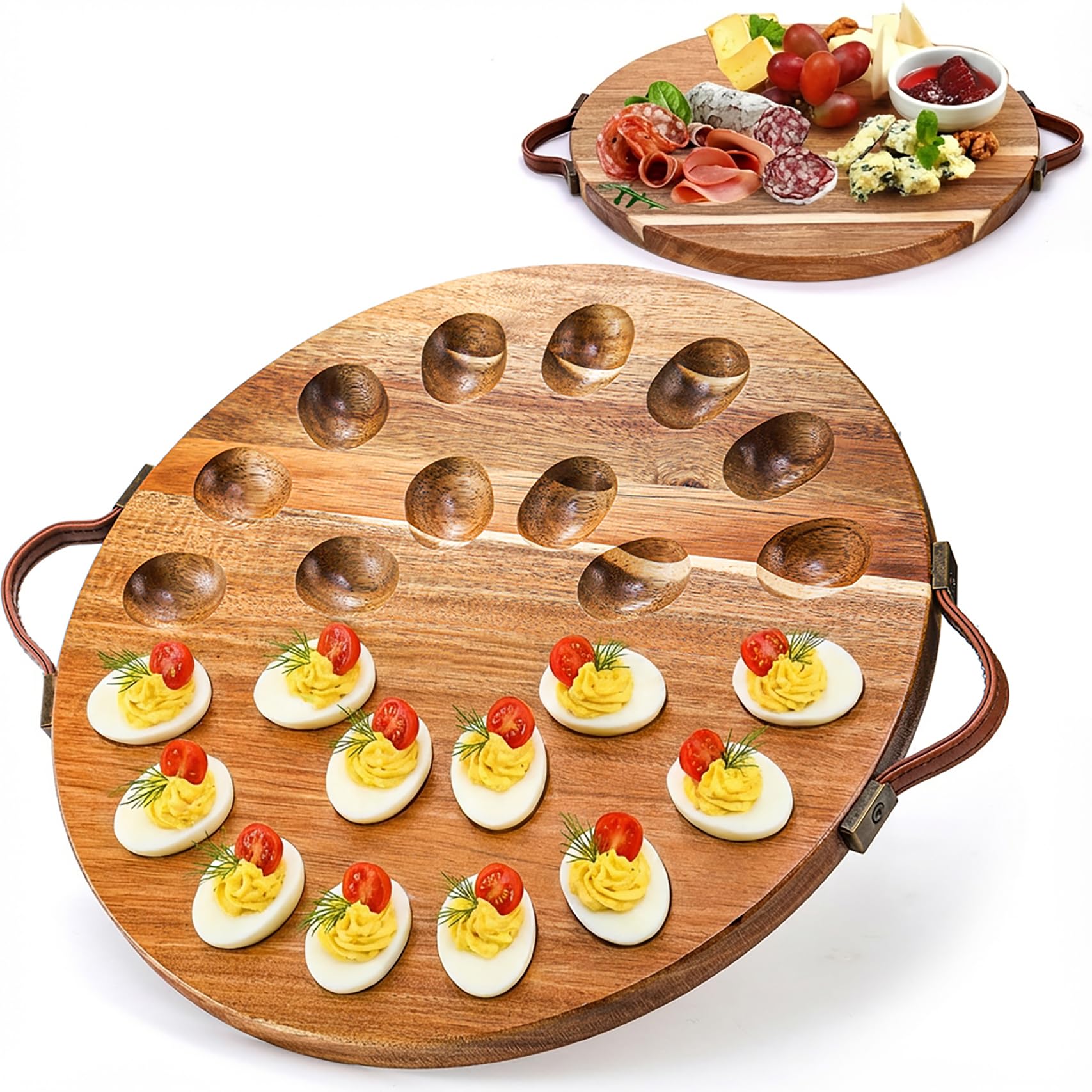 Hiceeden Acacia Wood Deviled Egg Platter with Handles for Easter, 24 Holes Round Deviled Egg Tray Container, Reversible Charcuterie Board Egg Plate Serving Tray for Countertop