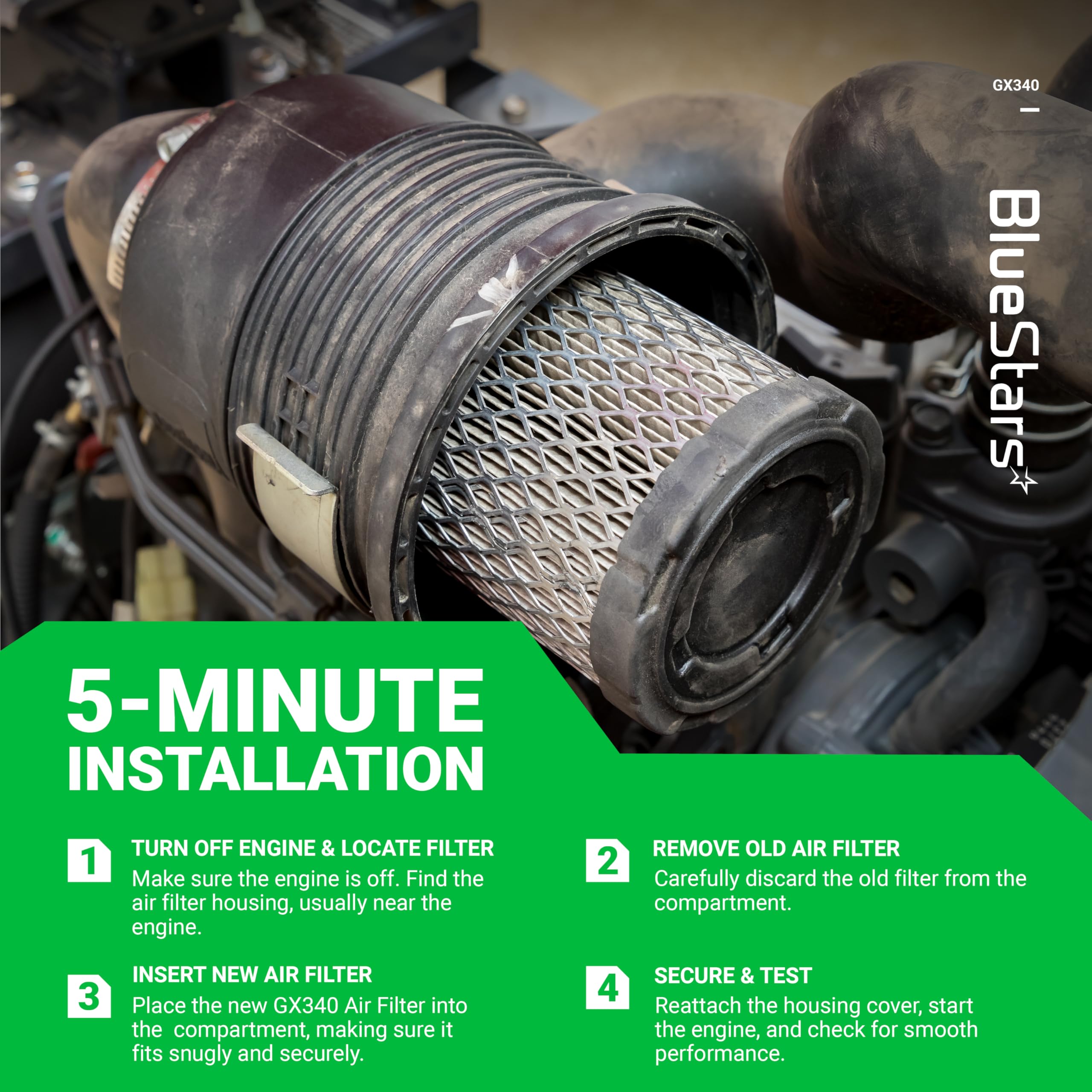 BlueStars AFZE30 GX390 GX340 Air Filter - Compatible with Honda GX340 GX390 GX 390 GX 340 11HP 13HP Engines - Replaces 17210-ZE3-505 17210-ZE3-010 Air Filter - PACK OF 4