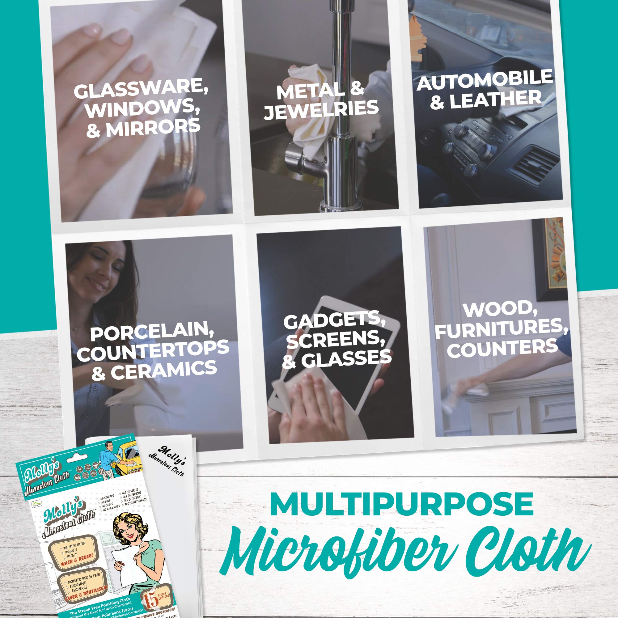 Molly’s Marvelous - Streak-Free Polishing Cloth, Lint-Free Microfiber Cleaning Cloth, Glass Cleaning Cloth and Window Cleaning Cloth, White (16" by 15.75") (15pk)