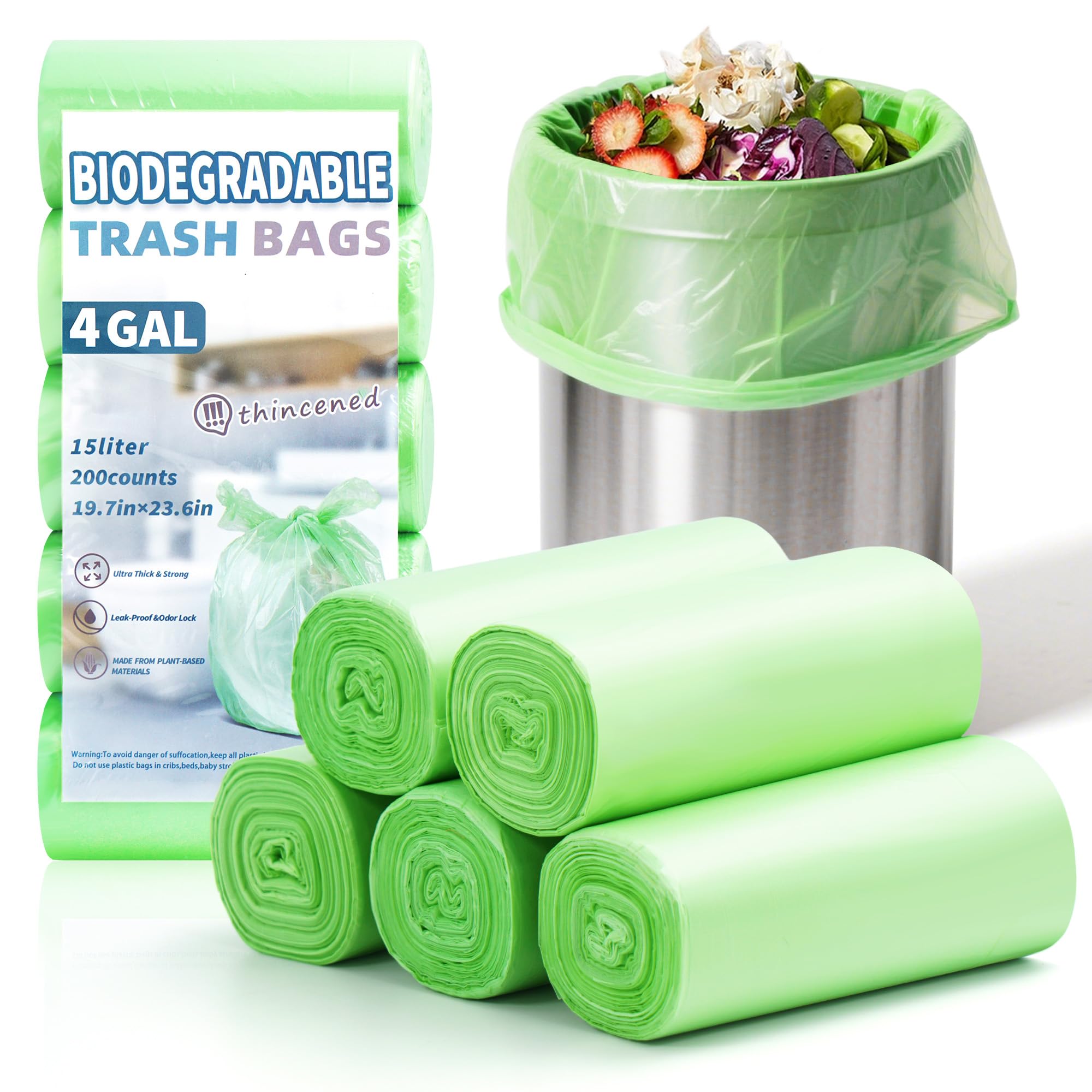 4-6 Gallon Biodegradable Garbage Bags - Thicken Bathroom Small Compost Bags with Tear & Leak Resistant, Unscented Wastebasket Liners Recycling Trash Bags for Kitchen,Bathroom,Office, Home, 200 Counts