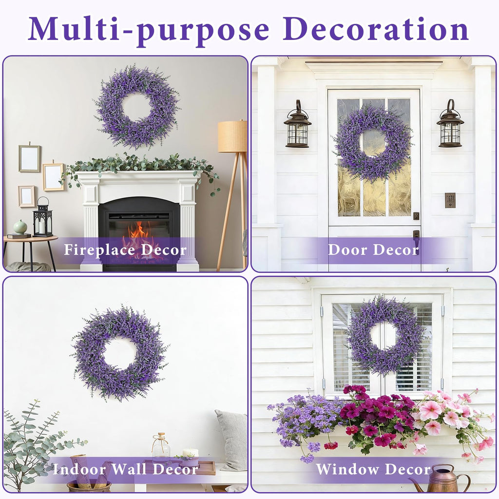 TOCHGREEN Lavender Wreath for Front Door 23Inch Artificial Spring Summer Purple Lavender Wreaths All Seasons Eucalyptus Wreaths for Indoor Outdoor Outside Wall Room Home Farmhouse Window Decor