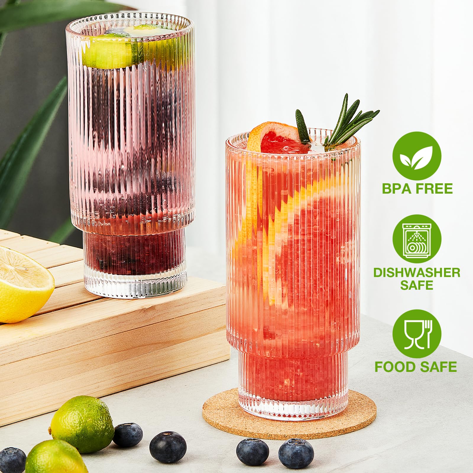Qipecedm 6 Pack Ribbed Drinking Glasses - 16 oz Vintage Glass Cups, Highball Cocktail Glasses, Premium Iced Coffee Tumblers, Elegant Glassware for Water, Juice, Whiskey, Beer