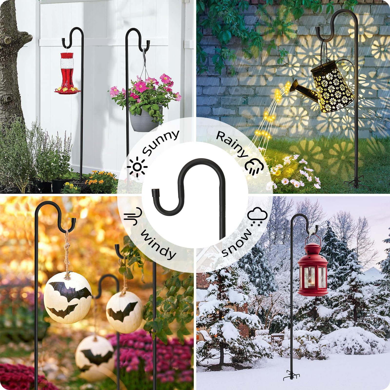 Shepherd Hooks for Outdoor - 62 Inch High, 5/6 Inch Rod Diameter, 5 Prong Base Adjustable Shepherd Hooks, Heavy Duty Feeder Pole for Hanging Flower Baskets Lantern Lights Wind Chime