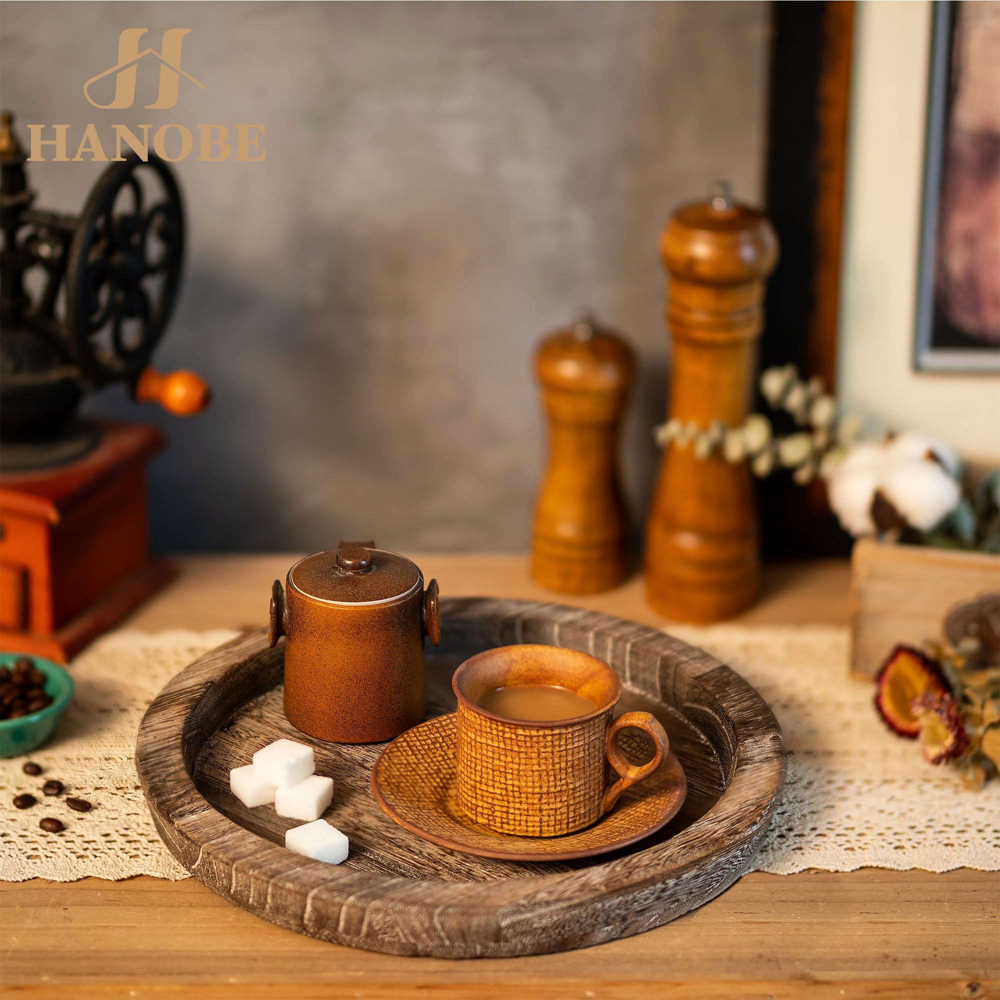 Hanobe Rustic Wooden Serving Tray: Round Wood Butler Decorative Tray Vintage Centerpiece Candle Holder Trays Farmhouse Ottoman Tray for Kitchen Countertop Home Decor for Coffee Table