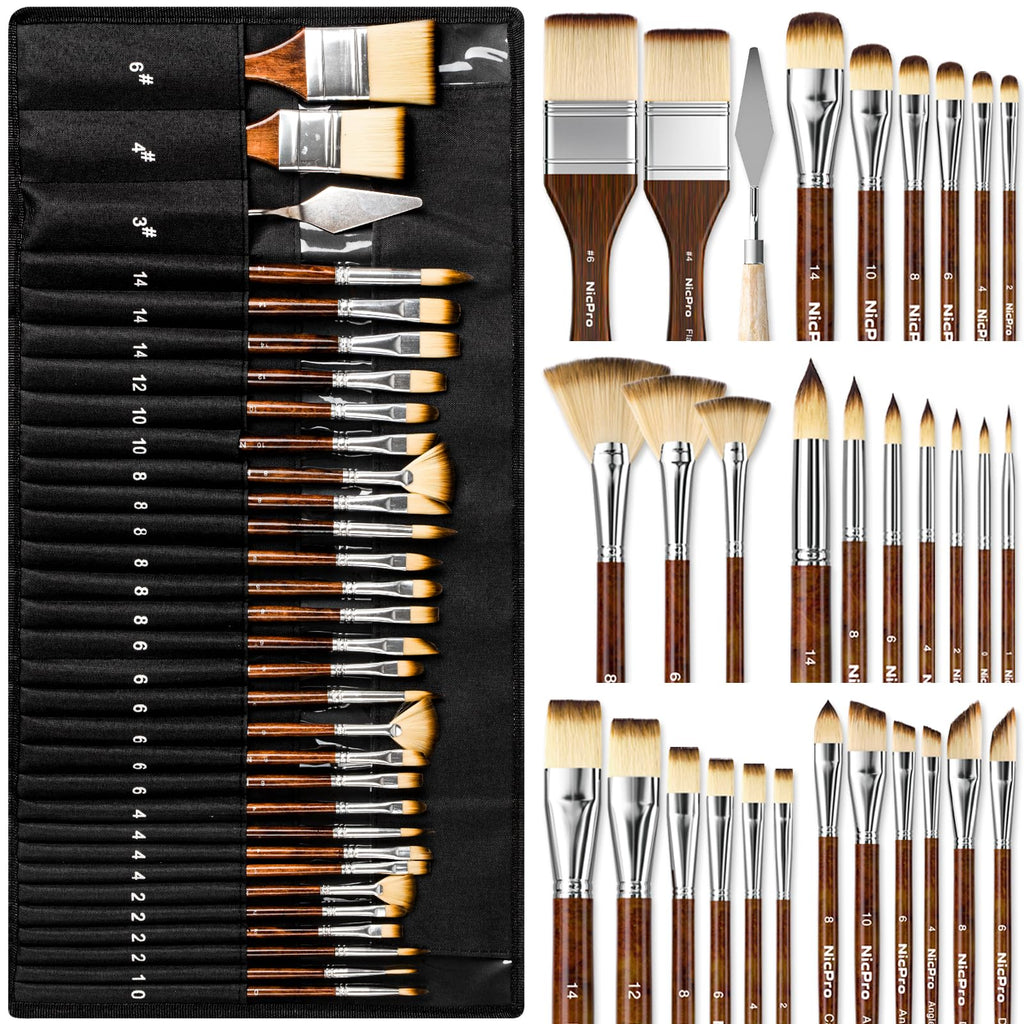 Nicpro 30pcs Paint Brush Set, Professional Paintbrushes with Paint Spatula, Craft Paint Brushes for Acrylic Painting, Oil, Watercolor, Gouache, Art Supplies for Artists and Beginners