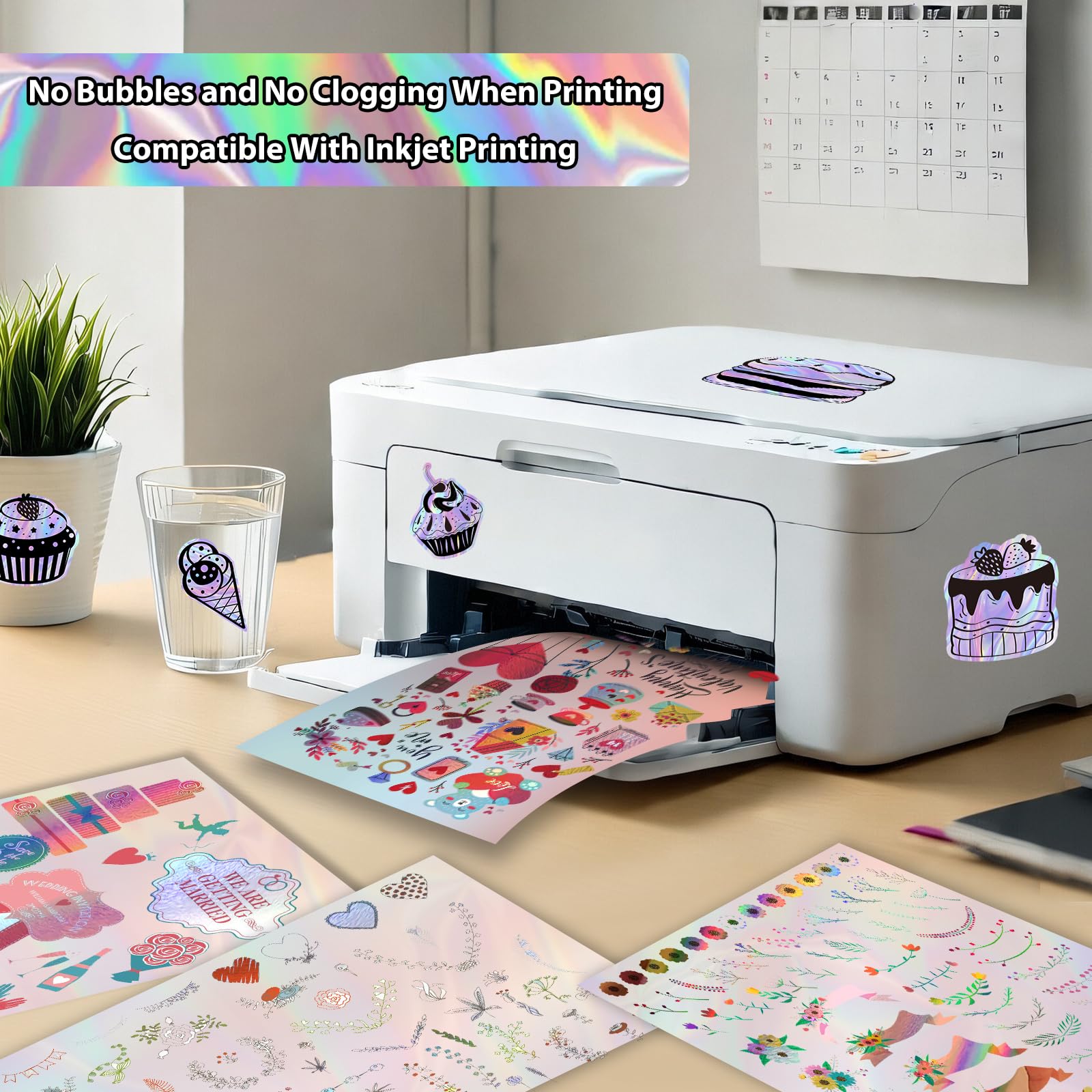 Holographic Printable Vinyl Sticker Paper for Inkjet Printer - 30 Sheets - 8.5" x 11" - Waterproof Labels Paper, Dries Quickly,Vivid Colors,Tear Resistant,DIY Sticker Paper for Drawing