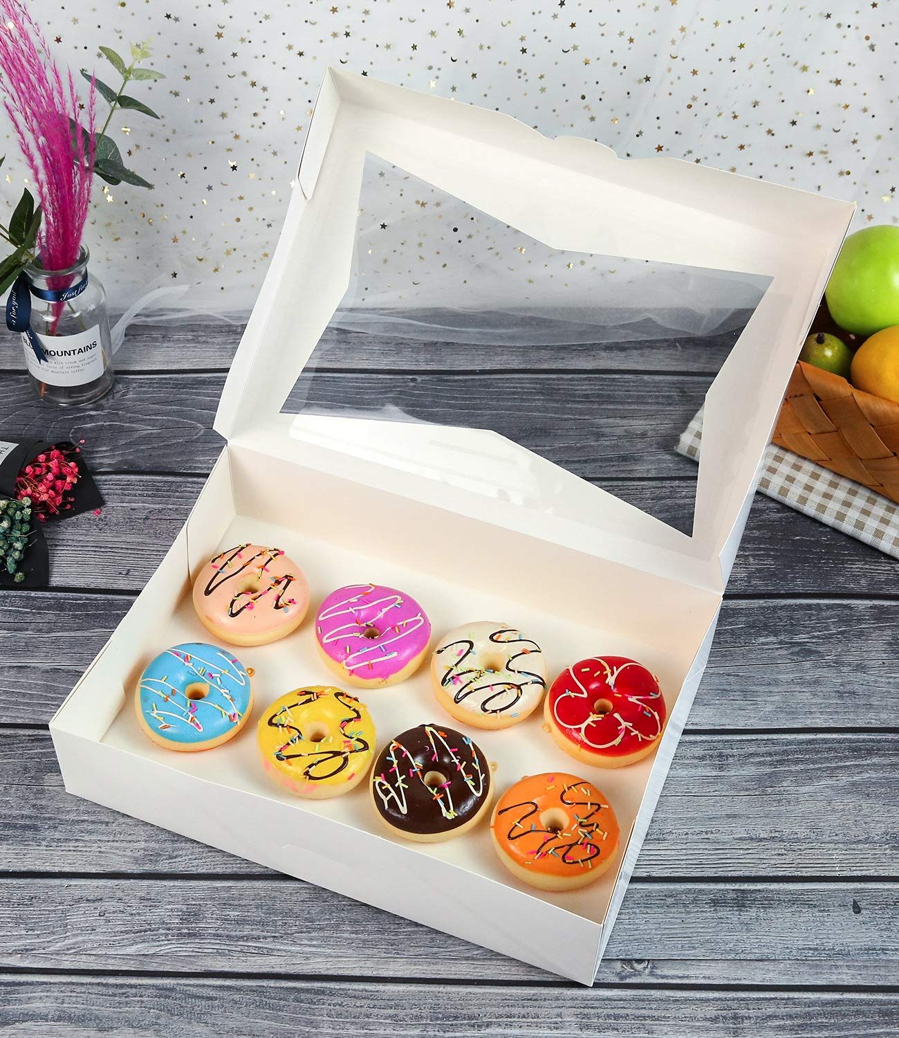15-Pack Cookie Pastry Boxes 14 x10 x 3inch,White Large Bakery Box Container with PVC Windows for Pie and Donut Box Paperboard Lock Corner,Pack of 15