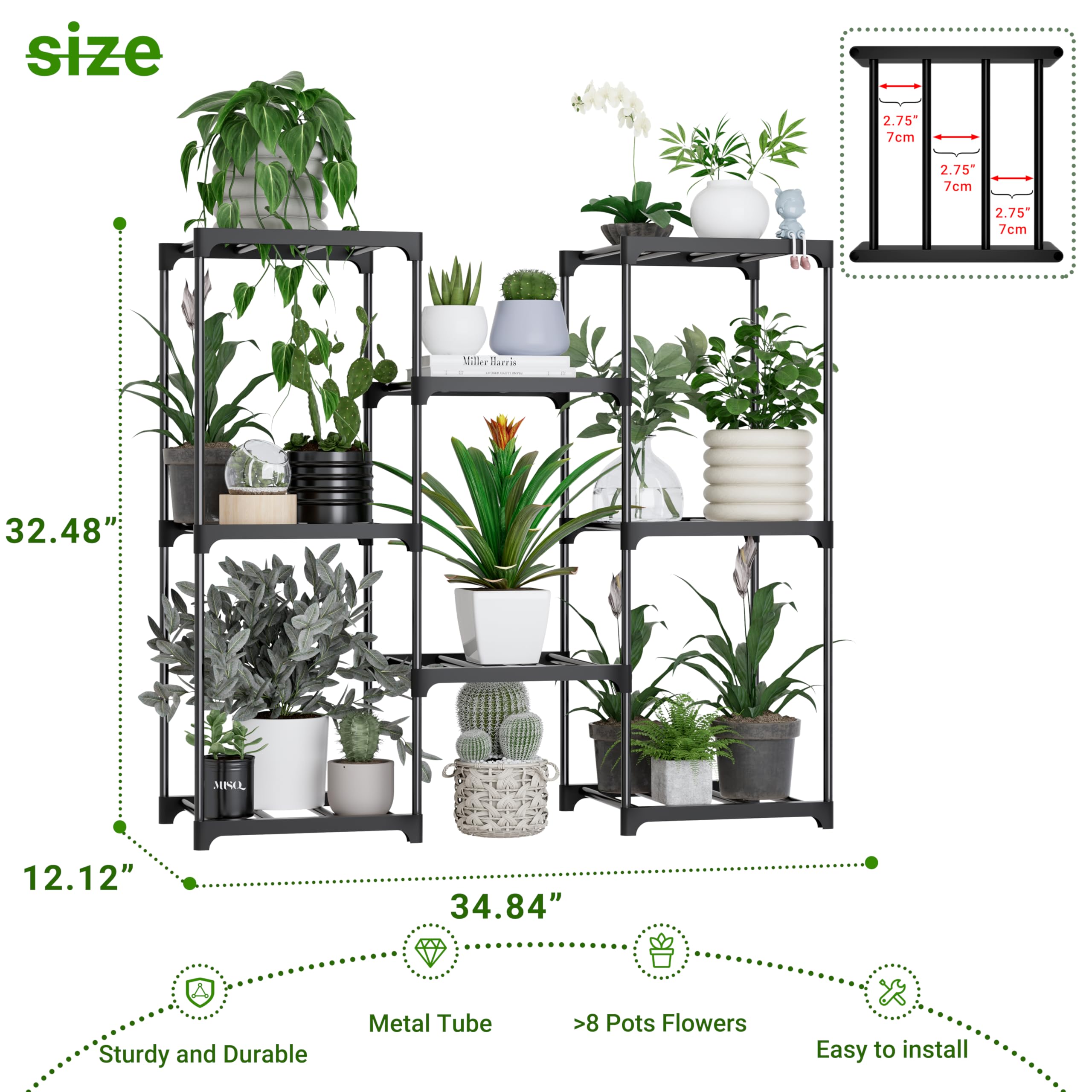 GcdPai Plant Stand Indoor Outdoor Plant Shelf Stand, 3 Tiers 8 Pots Large Potted Metal Flower Plant Rack for Multiple Plants, Hanging Tall Planter Holder for Patio Balcony Living Room Corner Porch