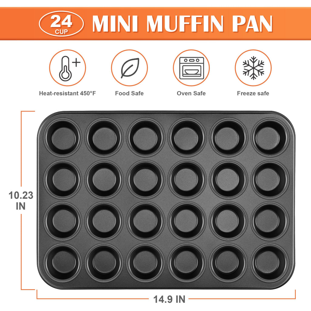 E-far Mini Muffin Pan - 24-Cup Nonstick Carbon Steel Cupcake Tin for Perfect Mini Muffins & Cupcakes, Warp-Free Bakeware for Even Baking & Easy Release, Oven Safe