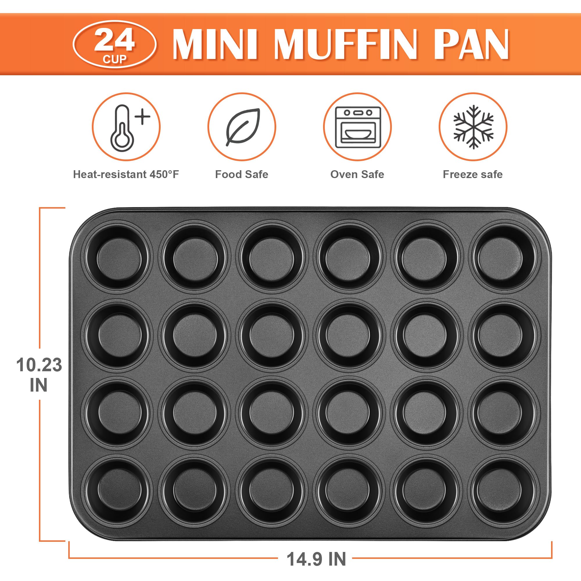 E-far Mini Muffin Pan - 24-Cup Nonstick Carbon Steel Cupcake Tin for Perfect Mini Muffins & Cupcakes, Warp-Free Bakeware for Even Baking & Easy Release, Oven Safe