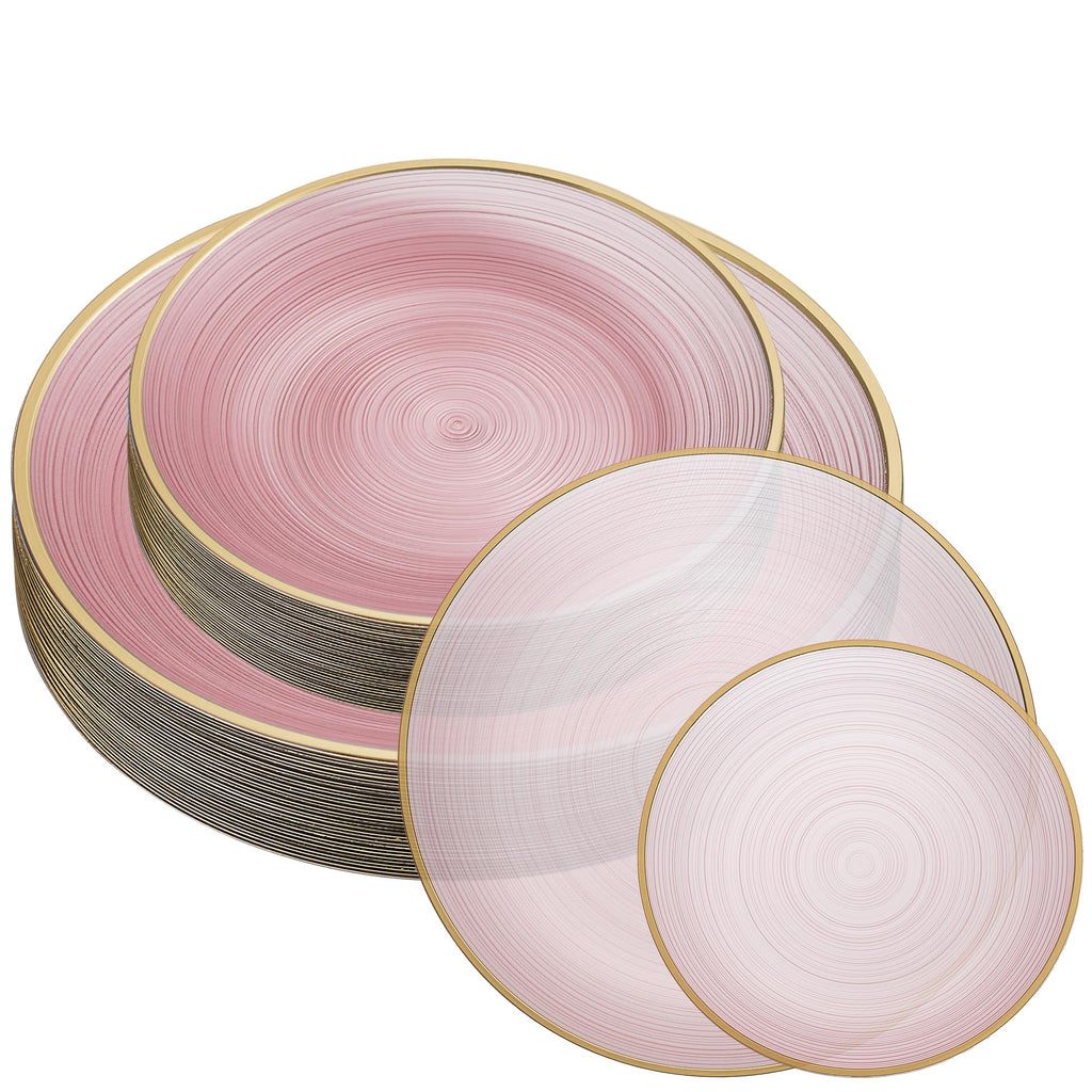 PLASTICPRO 32 Pieces Crystal Design Plastic Plates Combo Pack 7 inch and 10 inch Gold Rim Elegant Disposable Plates, Transparent Pink