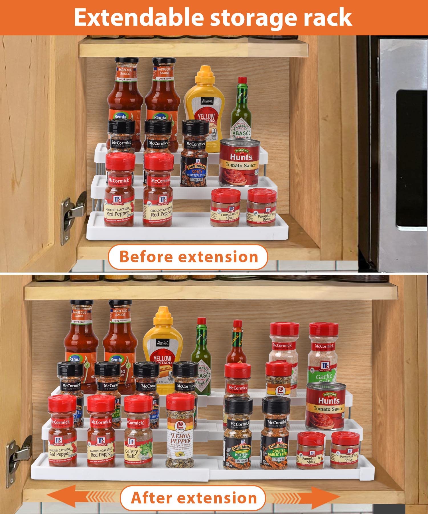 sunal Expandable Spice Rack with 3 Levels, Space-Saving Spice Rack Organisation for Kitchen Cabinets, Pantry or Worktops, Easy Visibility of the Spice Containers, White
