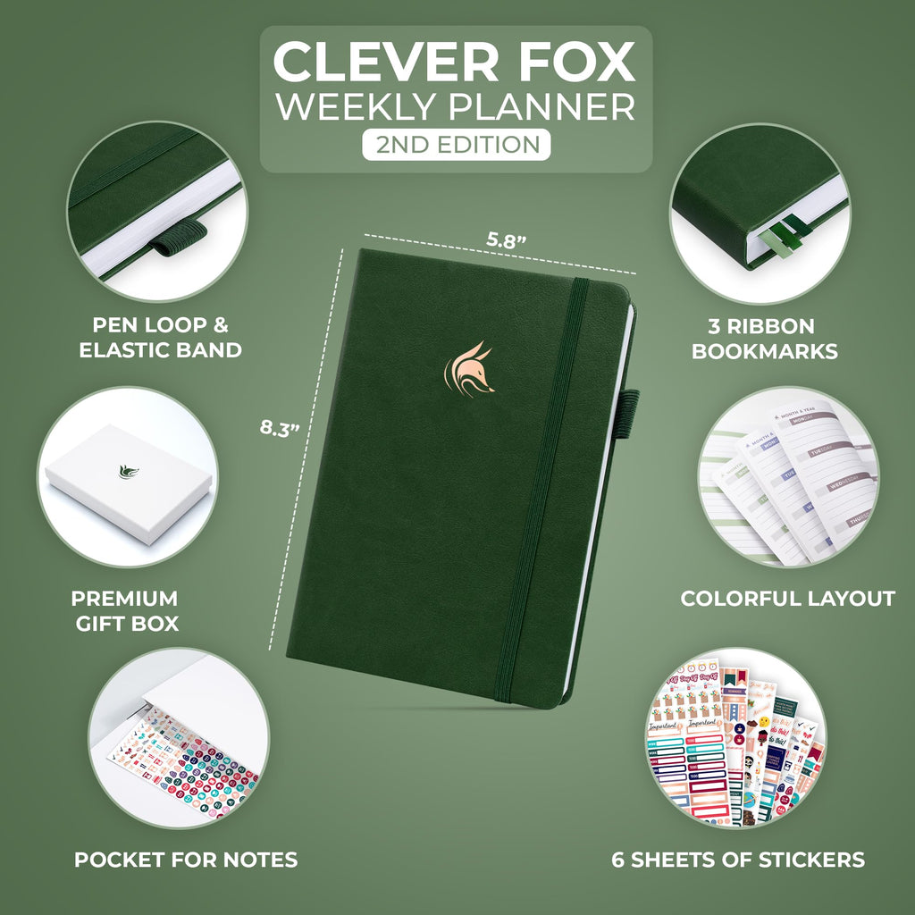 Clever Fox Planner 2nd Edition – Colorful Weekly & Monthly Goal Setting Planner, Habit Trackers, Time Management and Productivity Organizer, Gratitude Journal, Undated, A5, Lasts 1 Year – Forest Green