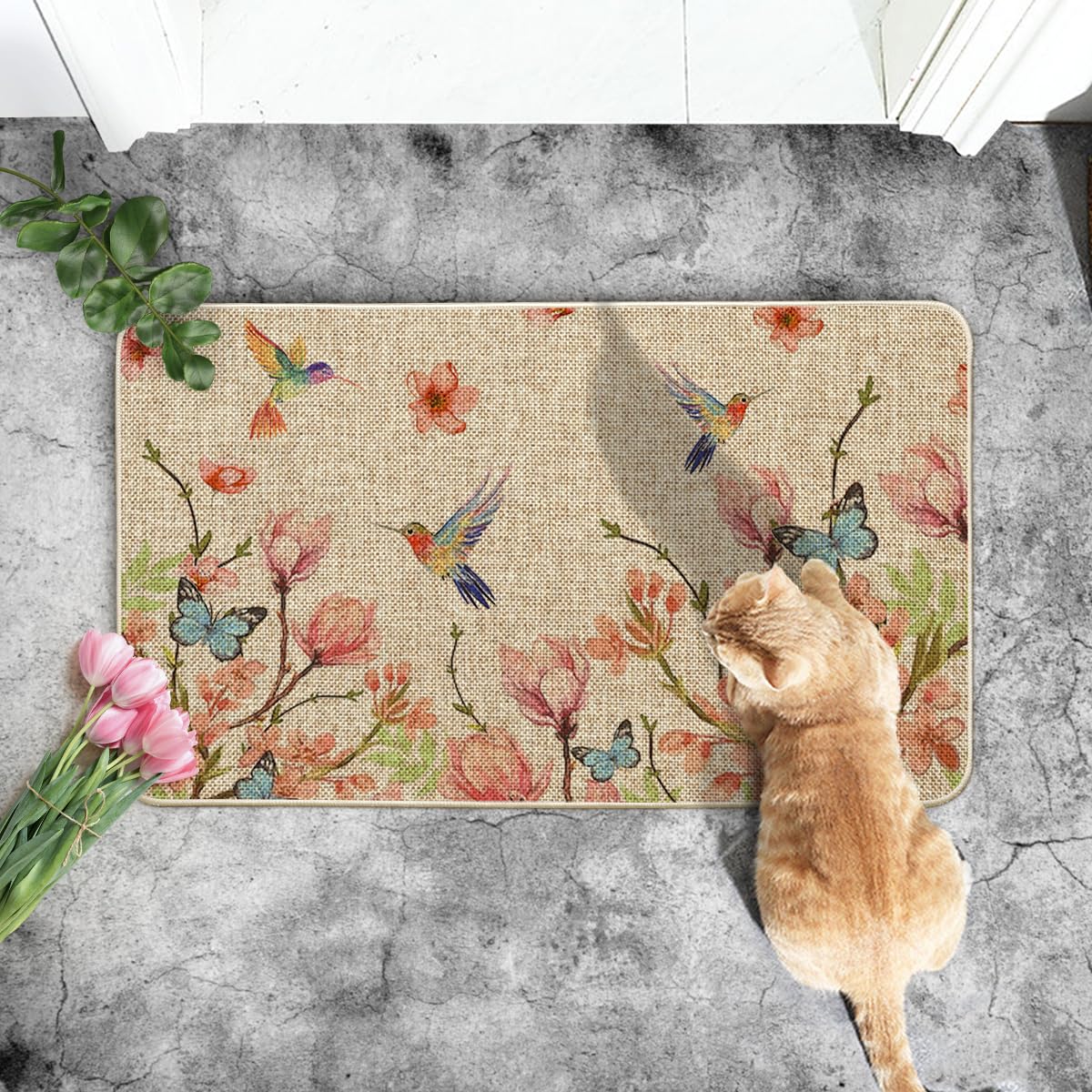 Artoid Mode Hummingbird Butterfly Flowers Spring Doormat, Seasonal Summer Home Decor Low-Profile Switch Rug Door Mat Floor Mat for Indoor Outdoor 17x29 Inch