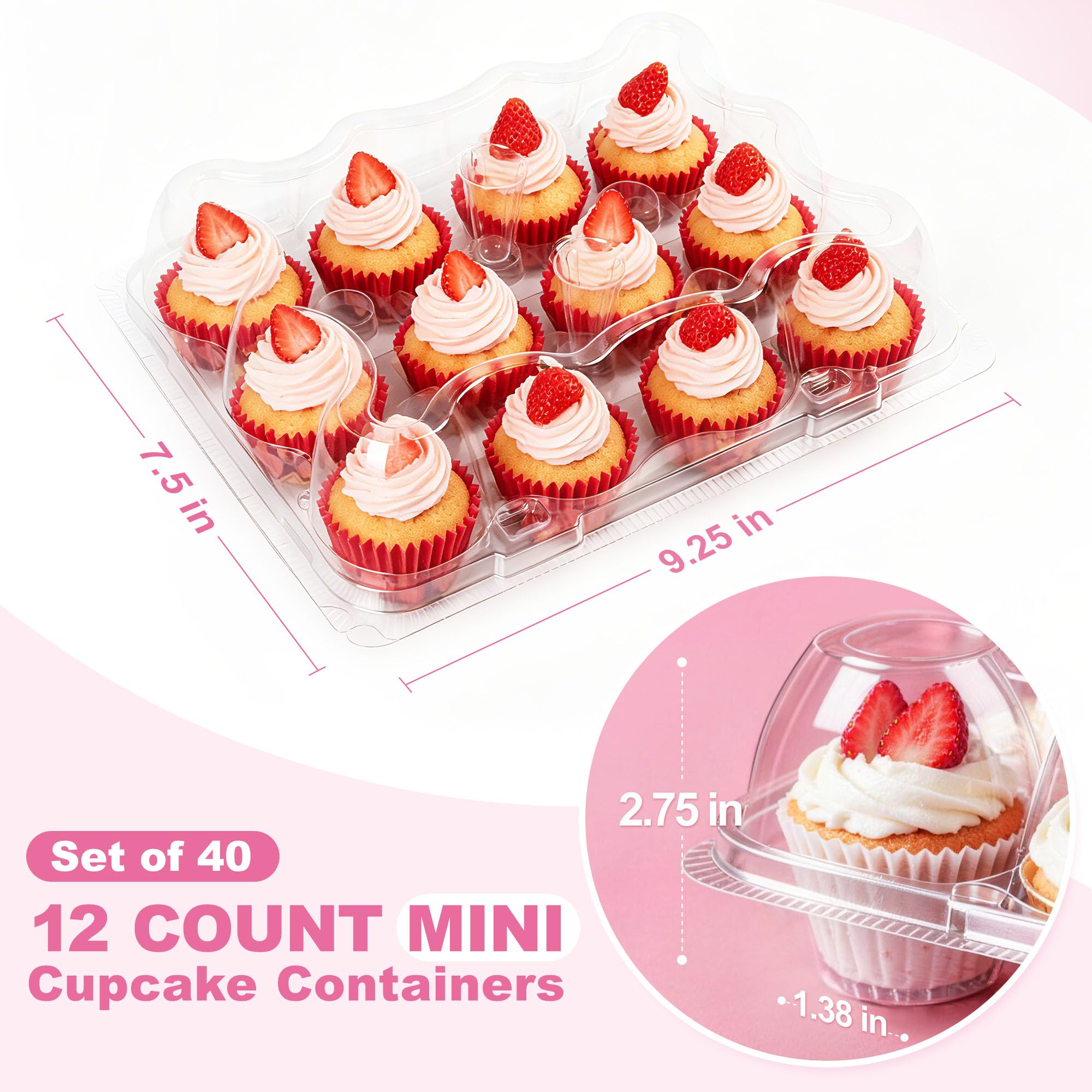 LotFancy Mini Cupcake Containers, 12 Count, 40 Pack, Dozen Clear Plastic Cupcake Holder with Detachable Lid, High Dome, BPA Free - MINI SIZE