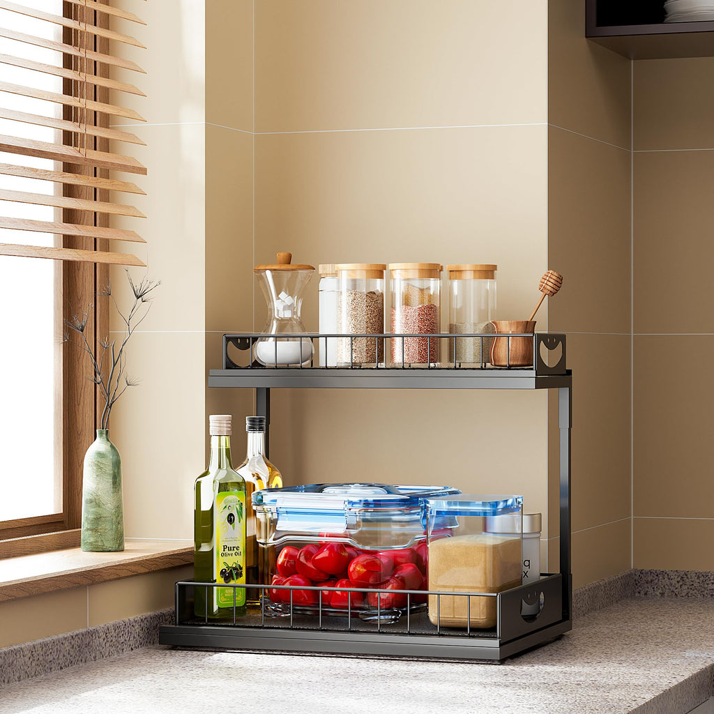 JAQ Under Sink Organizer, 2 Tier Metal Slide Out Under Cabinet Storage Shelves Rack for Kitchen Bathroom Pantry Lanudry, Attractive Emoji Smile Handle (Black, 1 Pack)