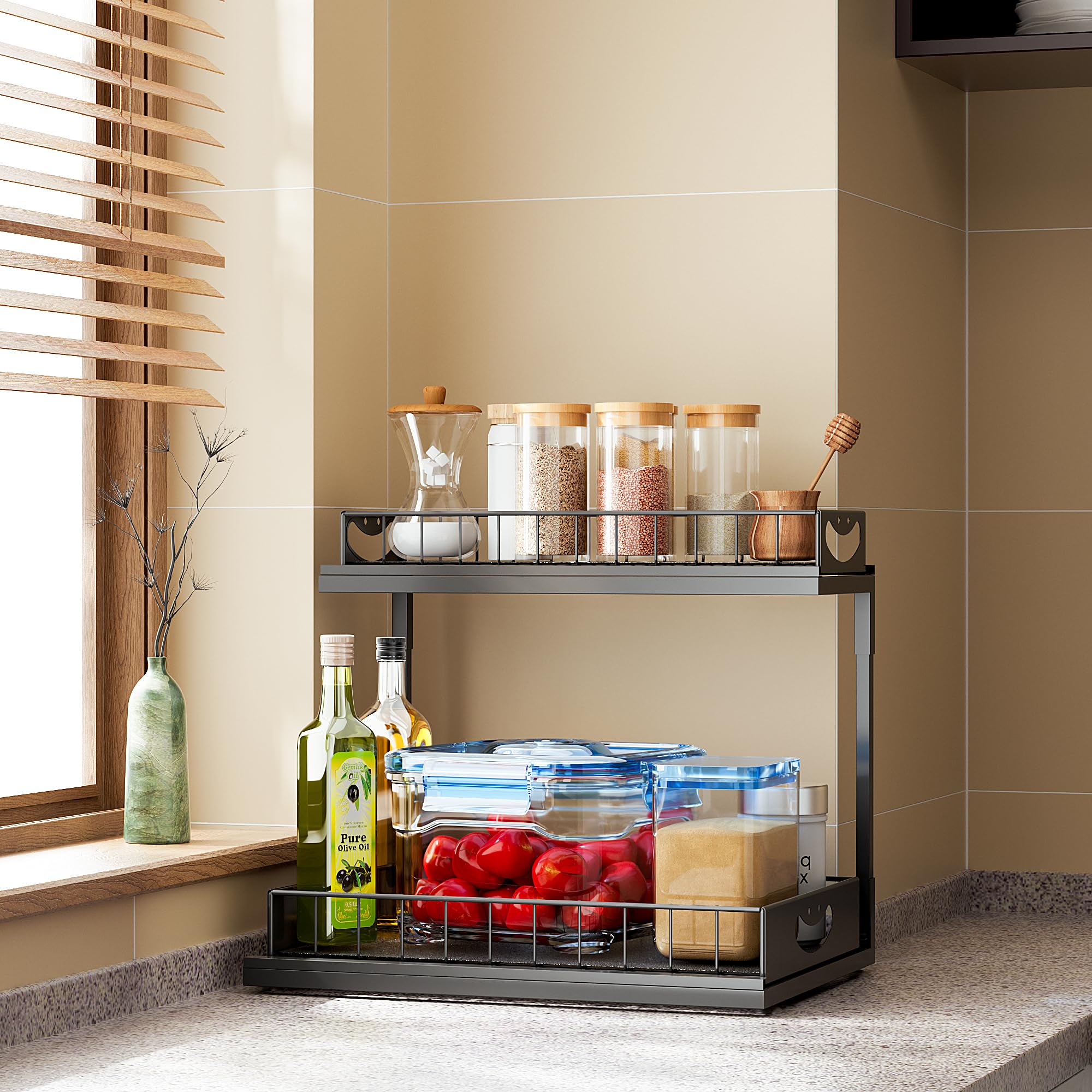 JAQ Under Sink Organizer, 2 Tier Metal Slide Out Under Cabinet Storage Shelves Rack for Kitchen Bathroom Pantry Lanudry, Attractive Emoji Smile Handle (Black, 1 Pack)