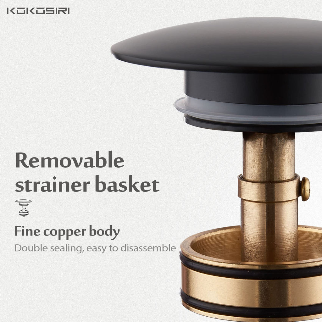 KOKOSIRI Pop Up Sink Drain with Strainer Basket, Matte Black Bathroom Sink Drain with Detachable Hair Catcher Anti Clogging for Vanity Vessel Sink Without Overflow, C1002BK