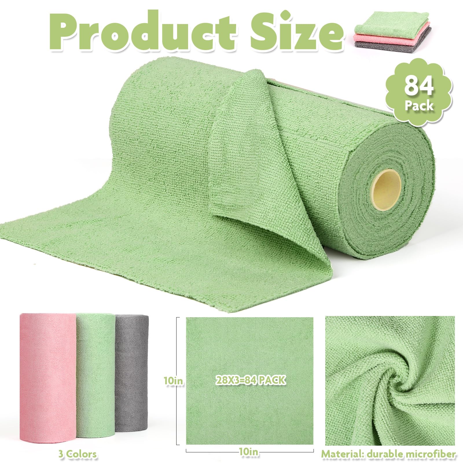 3 Colors Microfiber Cleaning Cloth Roll, 84 Pack Tear Away Towels Rags Cleaning Cloths Reusable Paper Roll Washable Microfiber Towels for Car House Drying Dishes Kitchen Garage