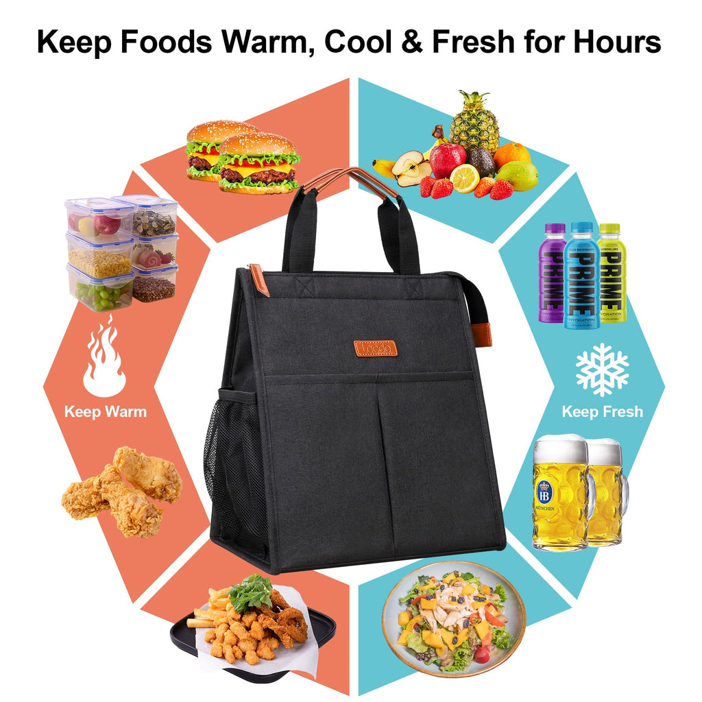 Lacdo Lunch Bag for Women Men Insulated Lunch Tote Bags Waterproof Reusable Lunch Box Soft Cooler with Pockets for Work School Travel Picnic, Black