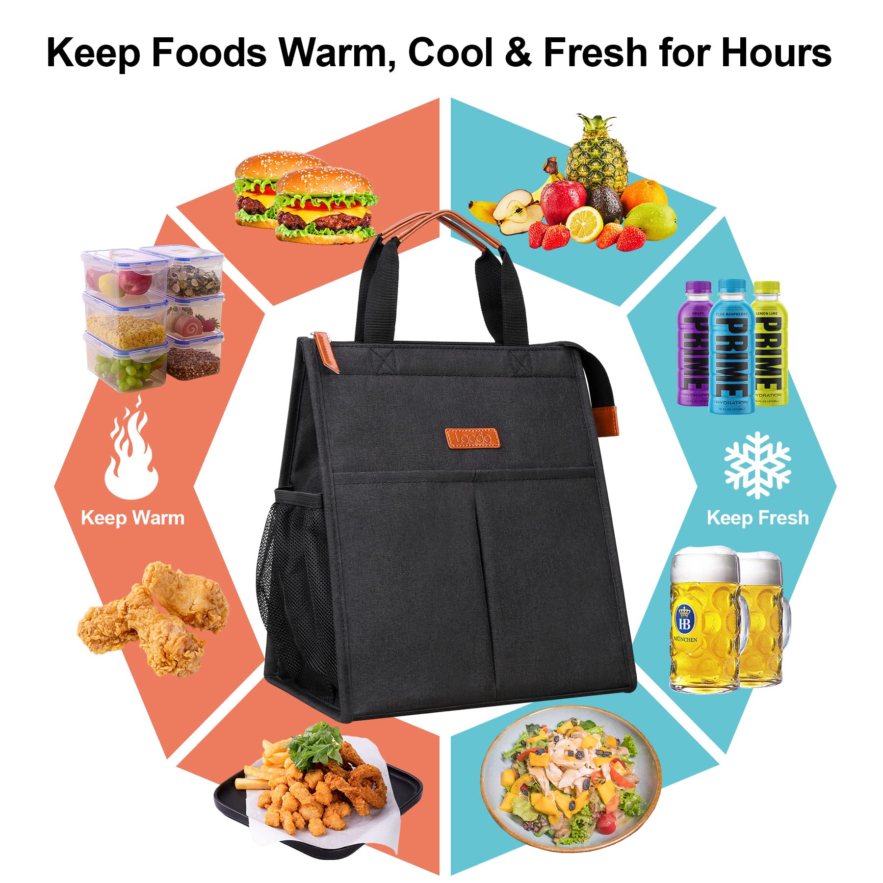Lacdo Lunch Bag for Women Men Insulated Lunch Tote Bags Waterproof Reusable Lunch Box Soft Cooler with Pockets for Work School Travel Picnic, Black