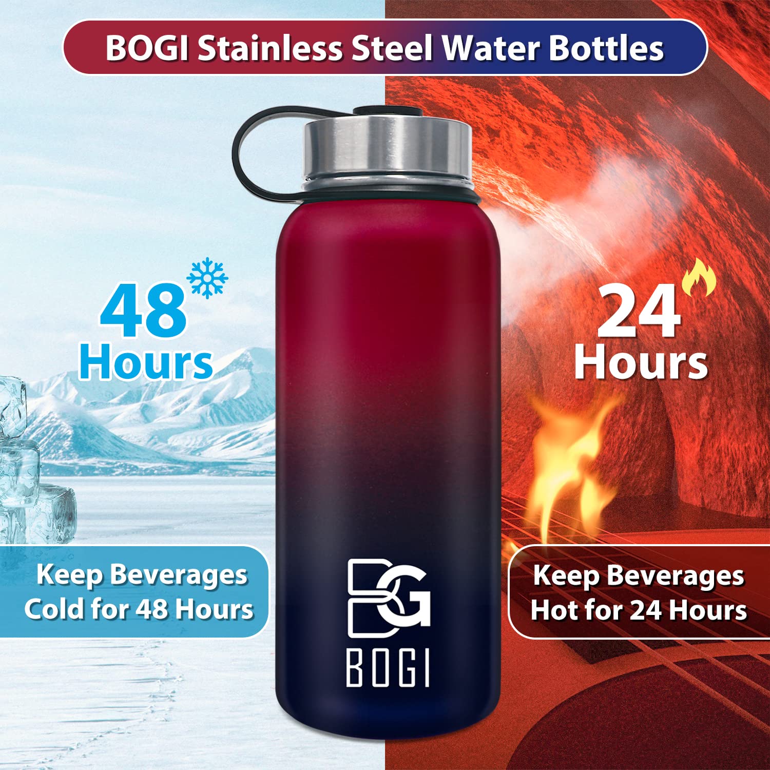 BOGI 32oz Insulated Water Bottle, Double Wall Vacuum Stainless Steel Water Bottle with Straw and 3 Lids, Sweat-Proof Wide Mouth Metal Water Bottle Keeps Hot or Cold for Sports Gym Office (Dark Red)