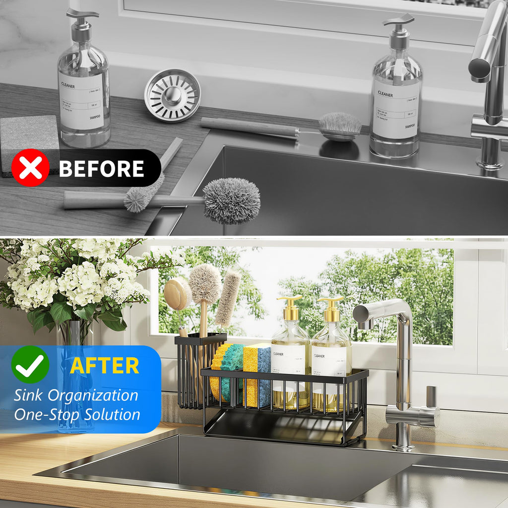 Cisily Kitchen Sink Caddy Organzier with High Brush Holder, Sponge Holder for Sink, 304 Rustproof Stainless, Kitchen Countertop Soap Dispenser Organizer, Kitchen Decor and Accessories (Black)