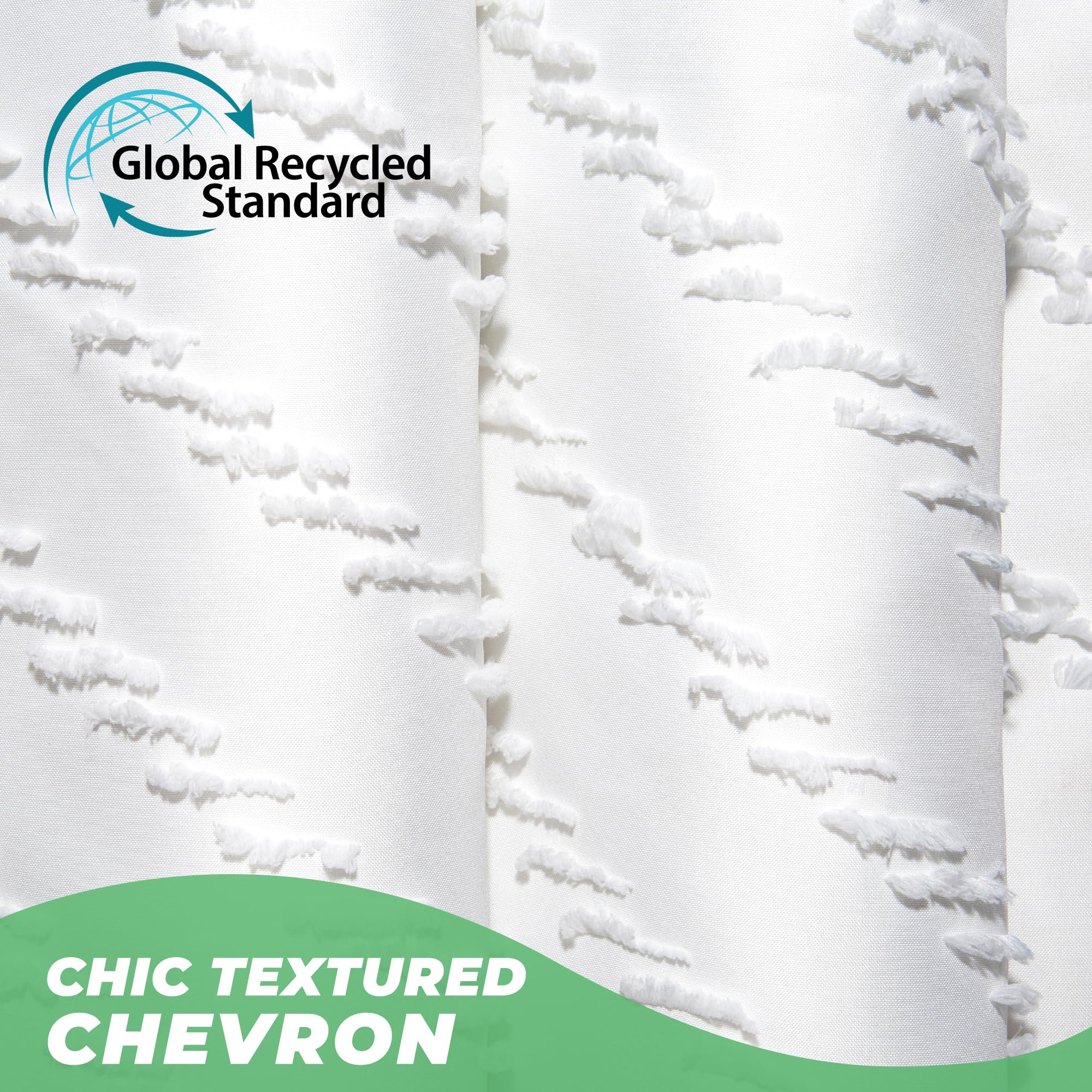 Extra Long Shower Curtains 72 x 84 Inches White Tufted Chevron Striped Fabric Shower Curtains for Bathroom Modern Shabby Chic Waterproof Cloth Shower Curtain Set with Hooks, White