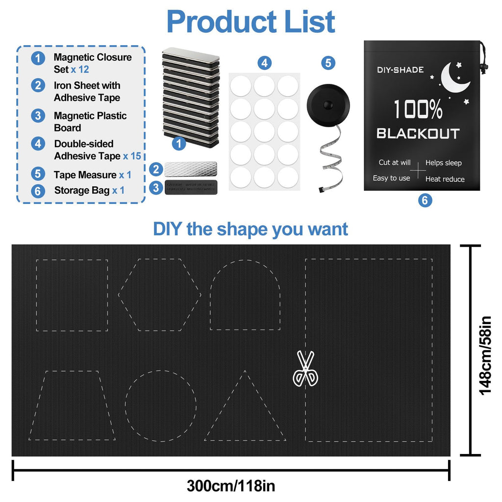 100% Magnetic Blackout Blinds 300 x 148 cm, Portable Black Out Shades Blackout Curtains for Bedroom, Media Room, Nursary, RV, Black Out Window Cover No Drill with Strong Magnets