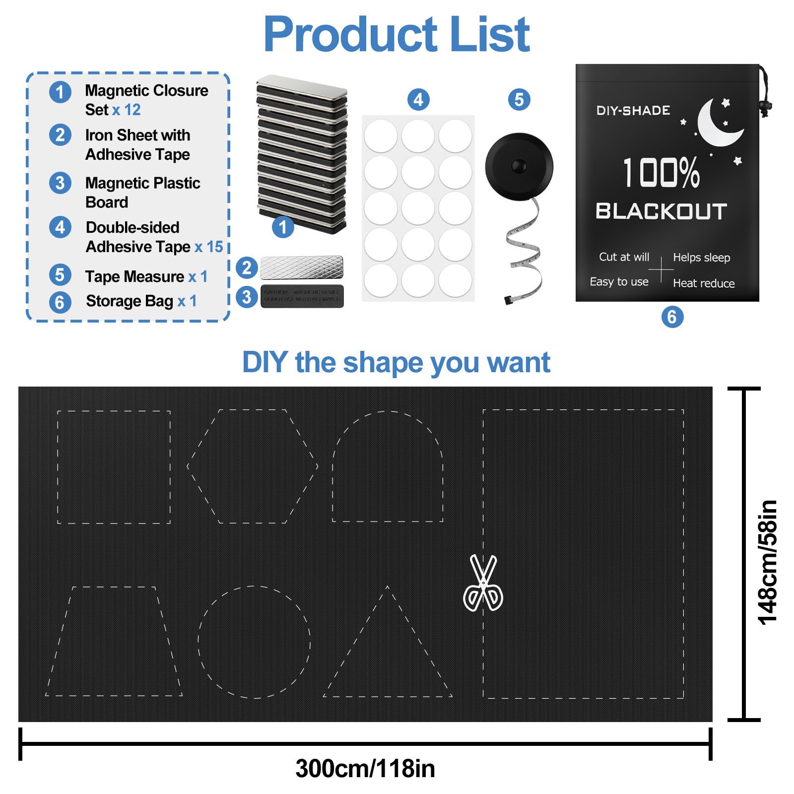 100% Magnetic Blackout Blinds 300 x 148 cm, Portable Black Out Shades Blackout Curtains for Bedroom, Media Room, Nursary, RV, Black Out Window Cover No Drill with Strong Magnets