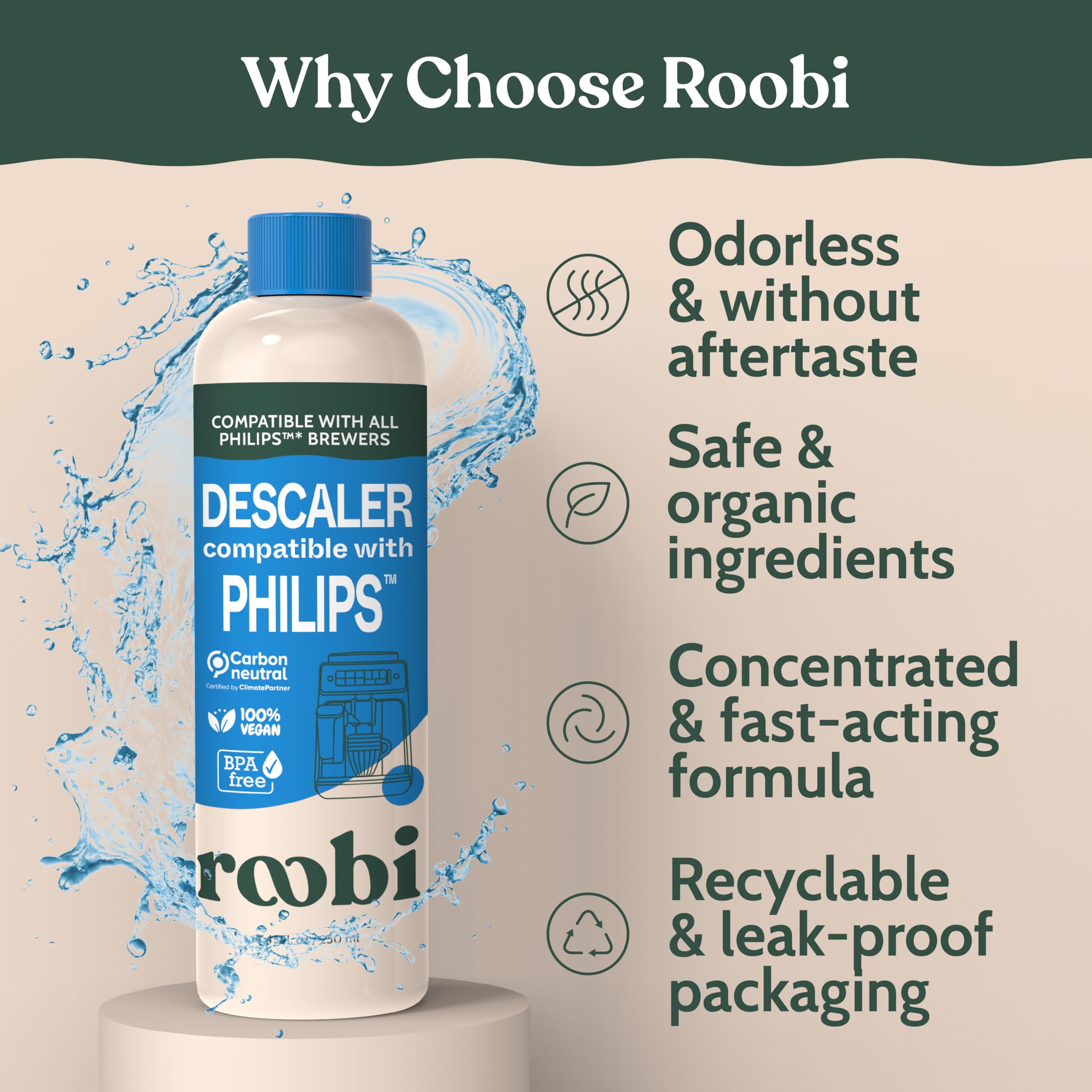 Roobi Philips Compatible Descaling Solution & Cleaner. Specially Formulated for Descaling & Cleaning Philips Coffee Machines. Carbon Neutral Philips Descaler Kit. 2 Uses per Bottle, 2 Pack